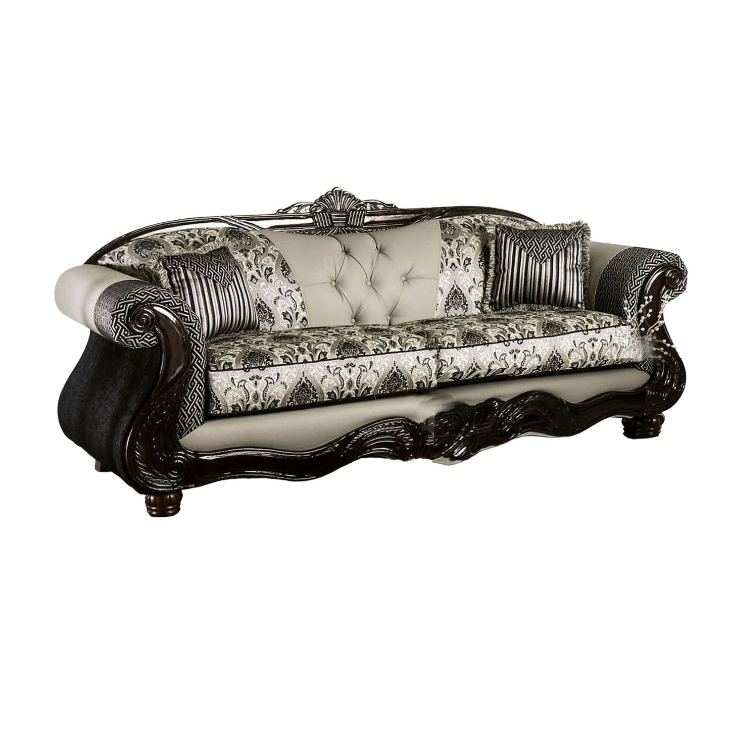 Canapé Cresi, noir, chenille grise, similicuir, 2 coussins, 238 cm
