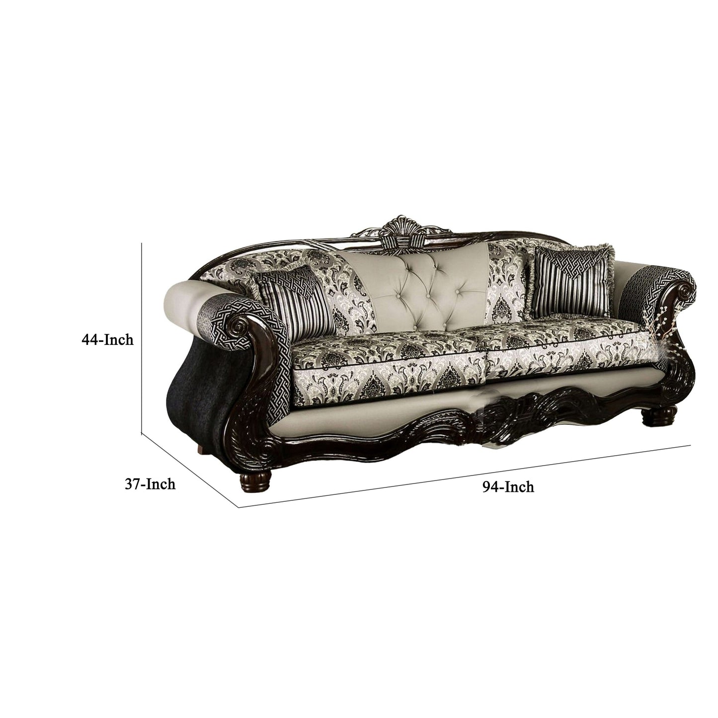 Canapé Cresi, noir, chenille grise, similicuir, 2 coussins, 238 cm