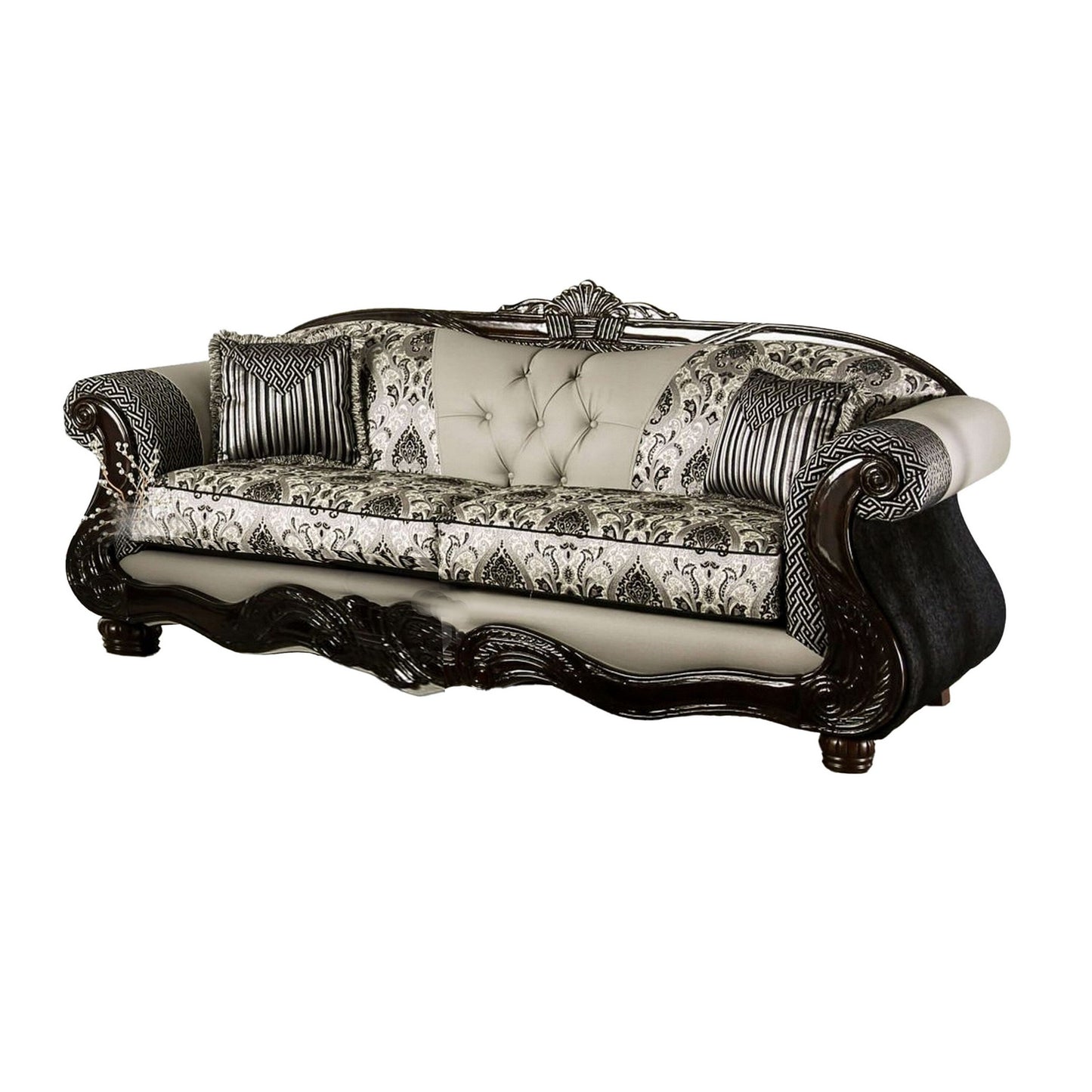 Canapé Cresi, noir, chenille grise, similicuir, 2 coussins, 238 cm