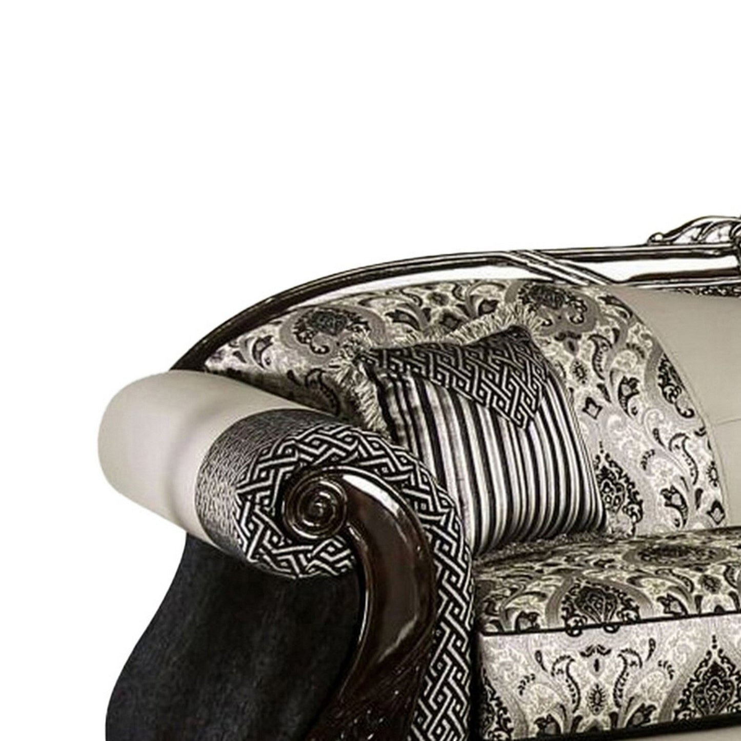 Canapé Cresi, noir, chenille grise, similicuir, 2 coussins, 238 cm
