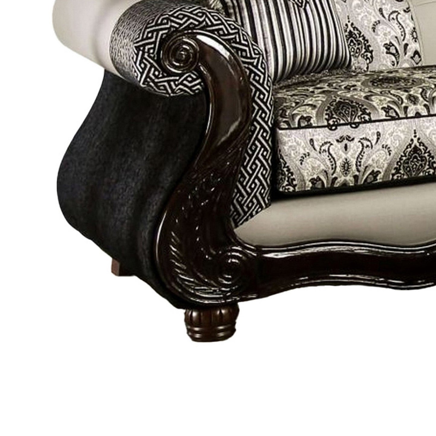Canapé Cresi, noir, chenille grise, similicuir, 2 coussins, 238 cm