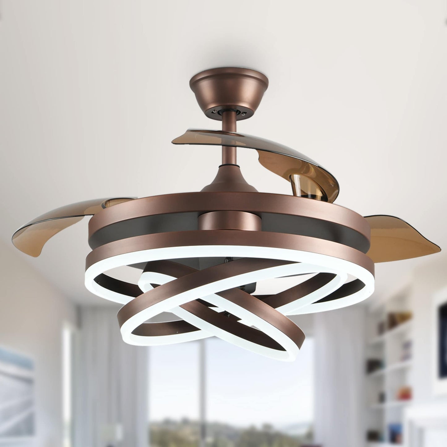 Cusp Barn 42 Retractable Ceiling Fan with Lights and Remote DIY Shape Fandelier Modern Silent DC Motor LED Ceiling Light