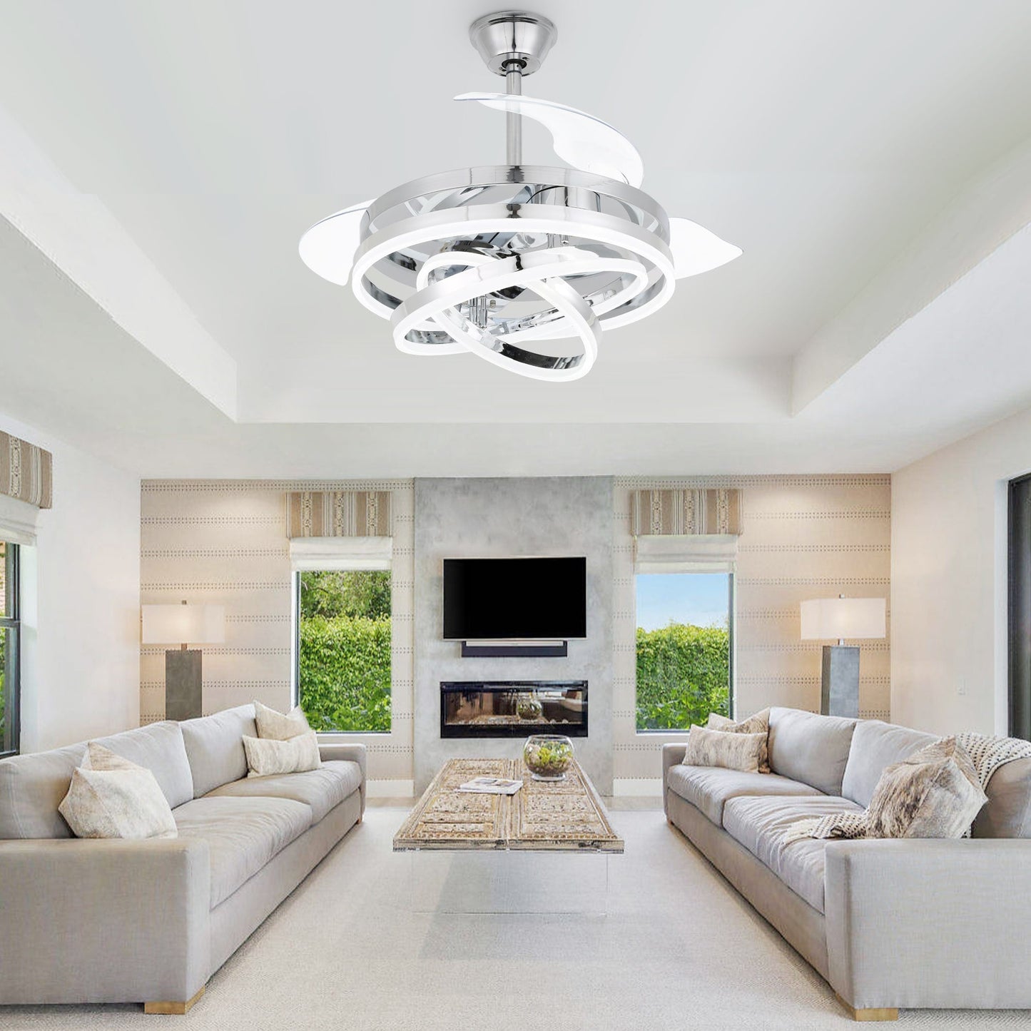 Cusp Barn 42 Retractable Ceiling Fan with Lights and Remote DIY Shape Fandelier Modern Silent DC Motor LED Ceiling Light