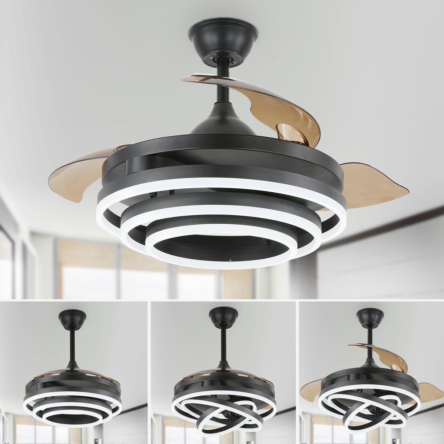 Cusp Barn 42 Retractable Ceiling Fan with Lights and Remote DIY Shape Fandelier Modern Silent DC Motor LED Ceiling Light