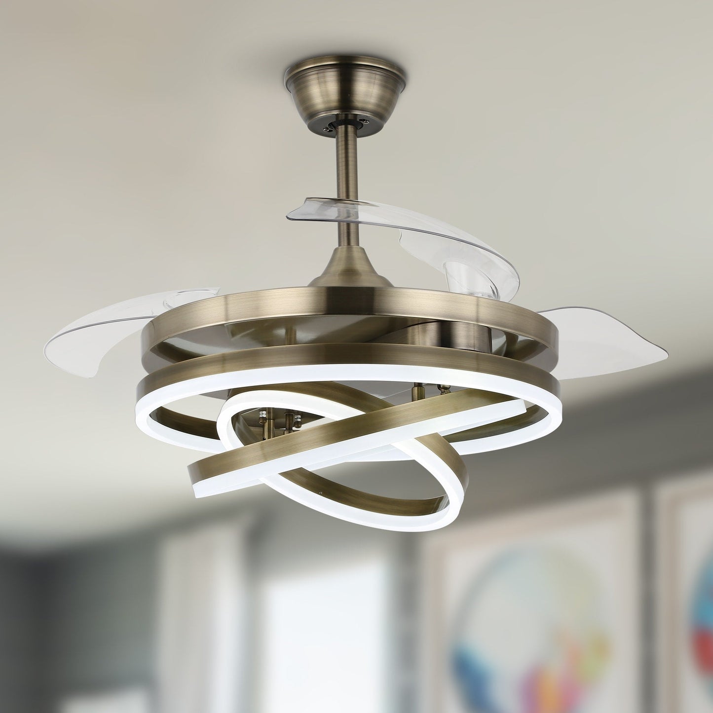 Cusp Barn 42 Retractable Ceiling Fan with Lights and Remote DIY Shape Fandelier Modern Silent DC Motor LED Ceiling Light