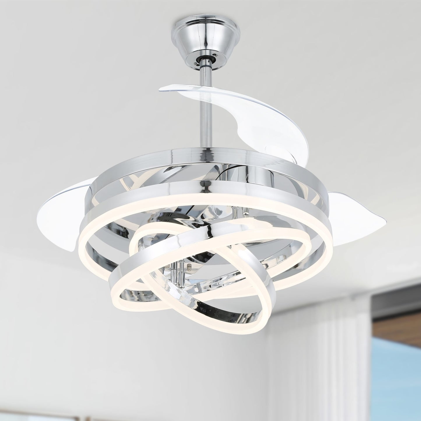 Cusp Barn 42 Retractable Ceiling Fan with Lights and Remote DIY Shape Fandelier Modern Silent DC Motor LED Ceiling Light