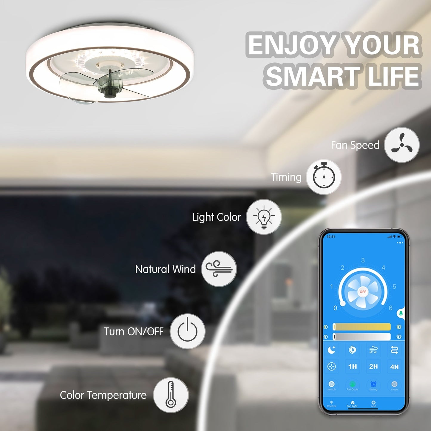 Cusp Barn 19-inch Modern Flush Mount Ceiling Fan with Light and Smart APP Remote Control Low Profile 3-Color Dimming LED Light