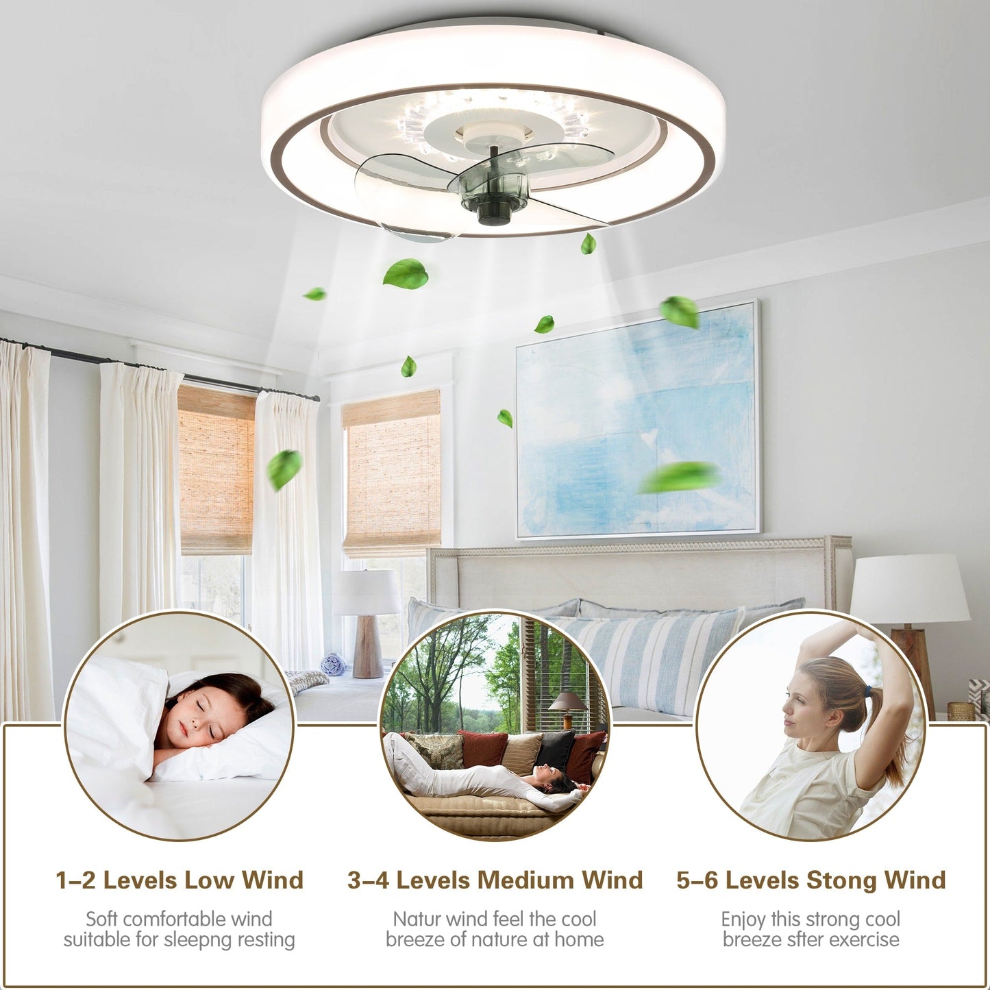 Cusp Barn 19-inch Modern Flush Mount Ceiling Fan with Light and Smart APP Remote Control Low Profile 3-Color Dimming LED Light