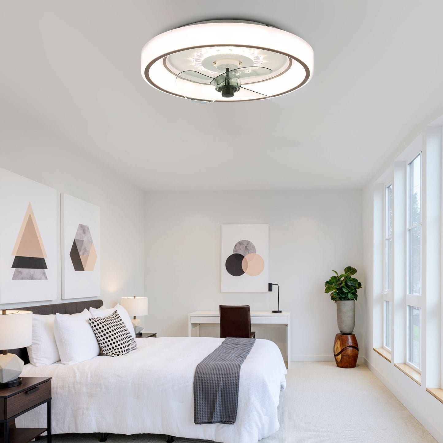 Cusp Barn 19-inch Modern Flush Mount Ceiling Fan with Light and Smart APP Remote Control Low Profile 3-Color Dimming LED Light