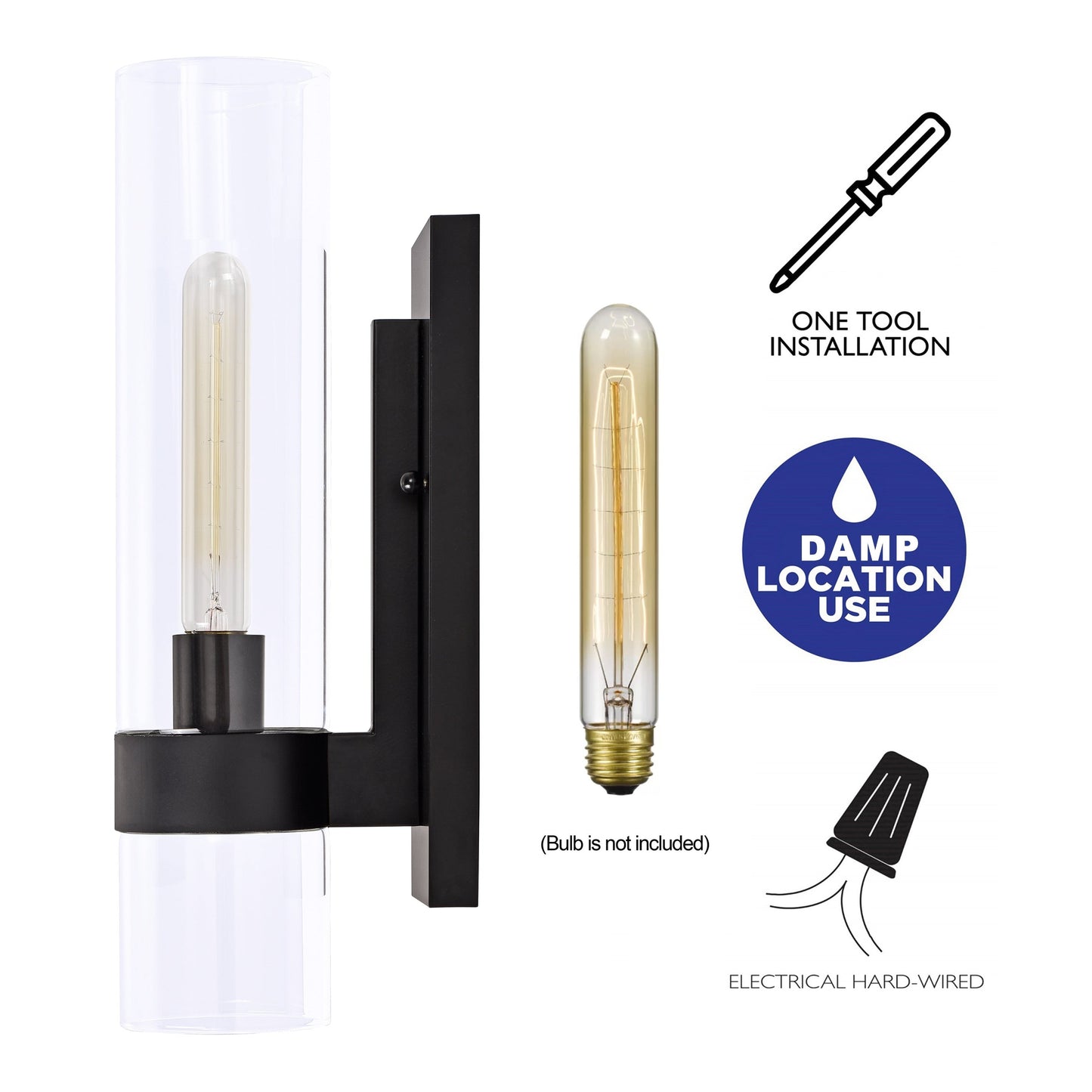 1- Light Cylindrical Clear Glass Wall Sconce