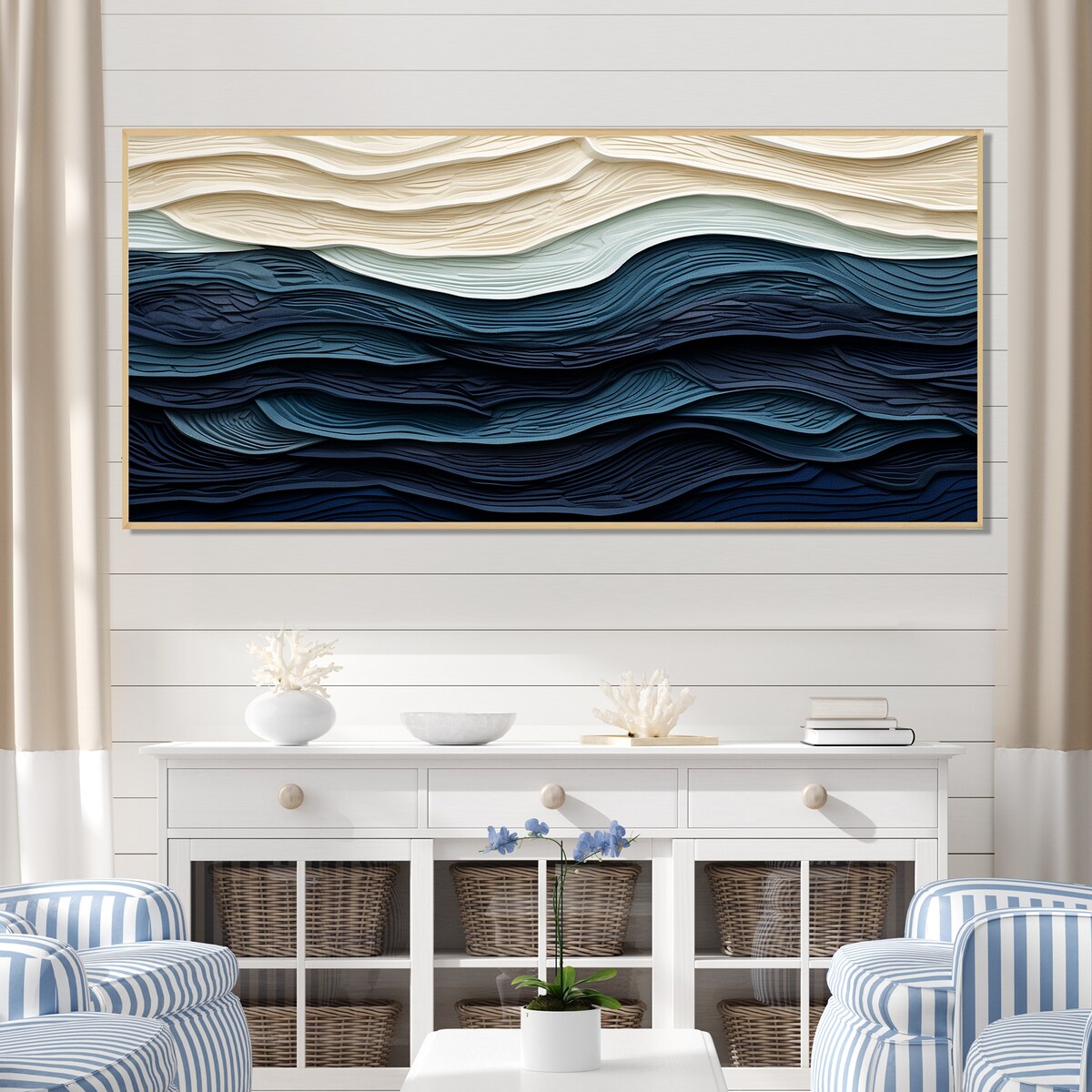 Designart Blue And White Coastal Wave S Edge Coastal Minimalism Blue Wall Decor Coastal Living Room Framed Canvas Art