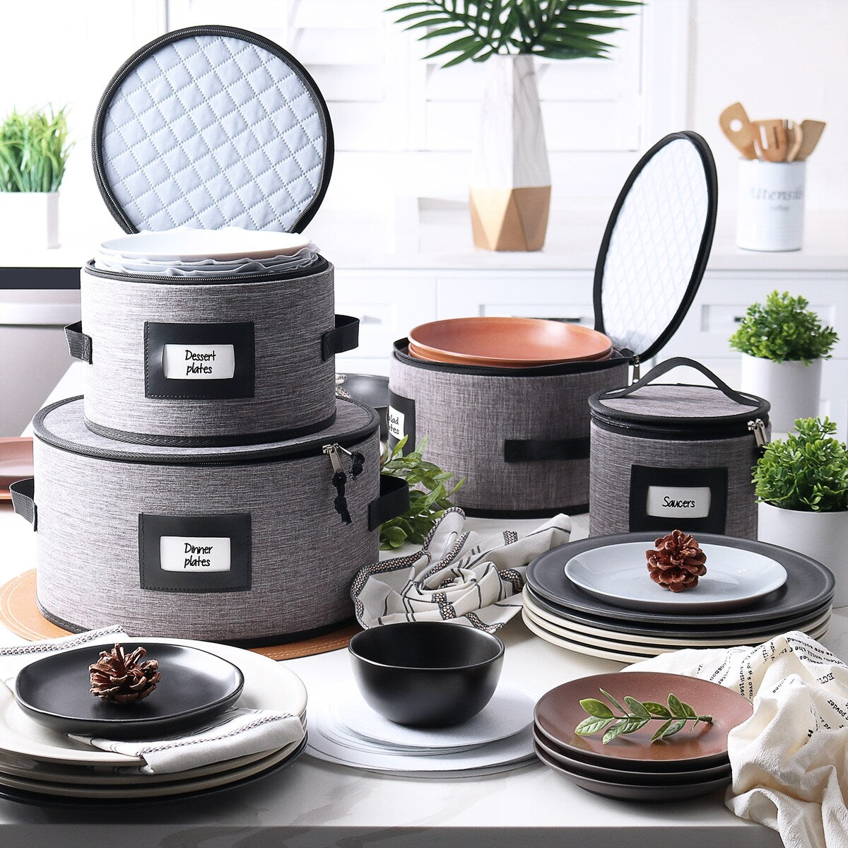 StorageBud Dinnerware Storage Containers - Stackable Holders for Plates, Cups, Flatware, Stemware, & Platter Sets