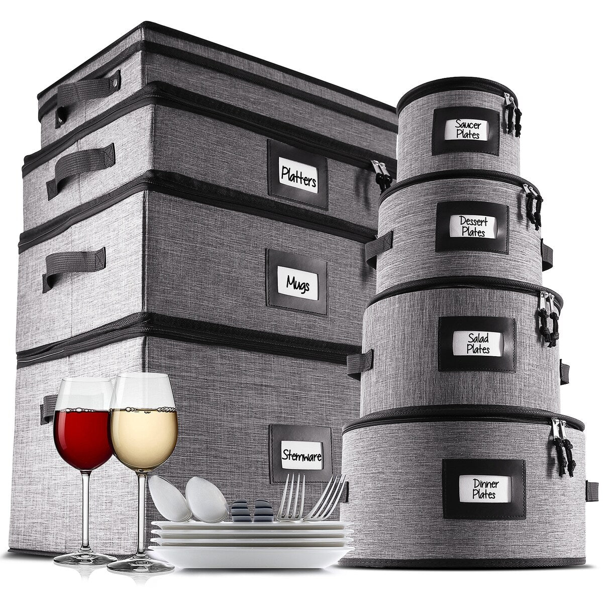 StorageBud Dinnerware Storage Containers - Stackable Holders for Plates, Cups, Flatware, Stemware, & Platter Sets