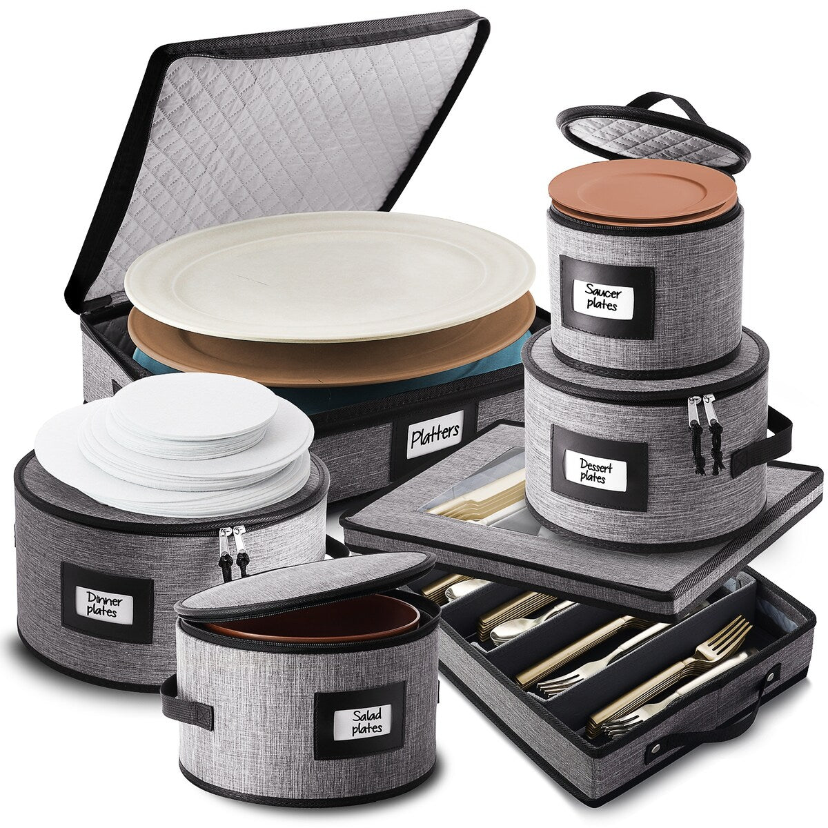 StorageBud Dinnerware Storage Containers - Stackable Holders for Plates, Cups, Flatware, Stemware, & Platter Sets
