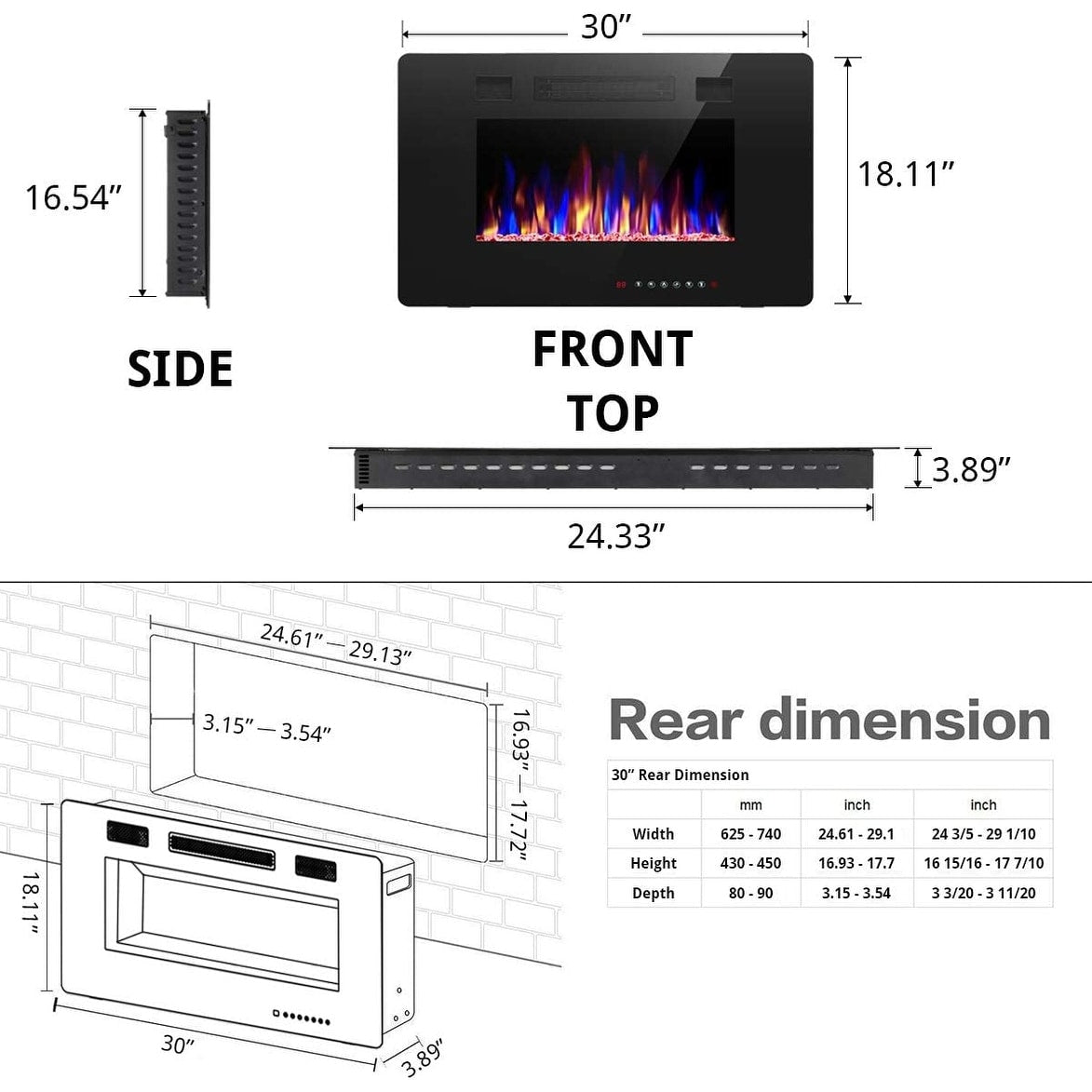 Modern Recessed Wall-mounted Multicolor LED Electric Fireplace, Ultra-thin and Low Noise
