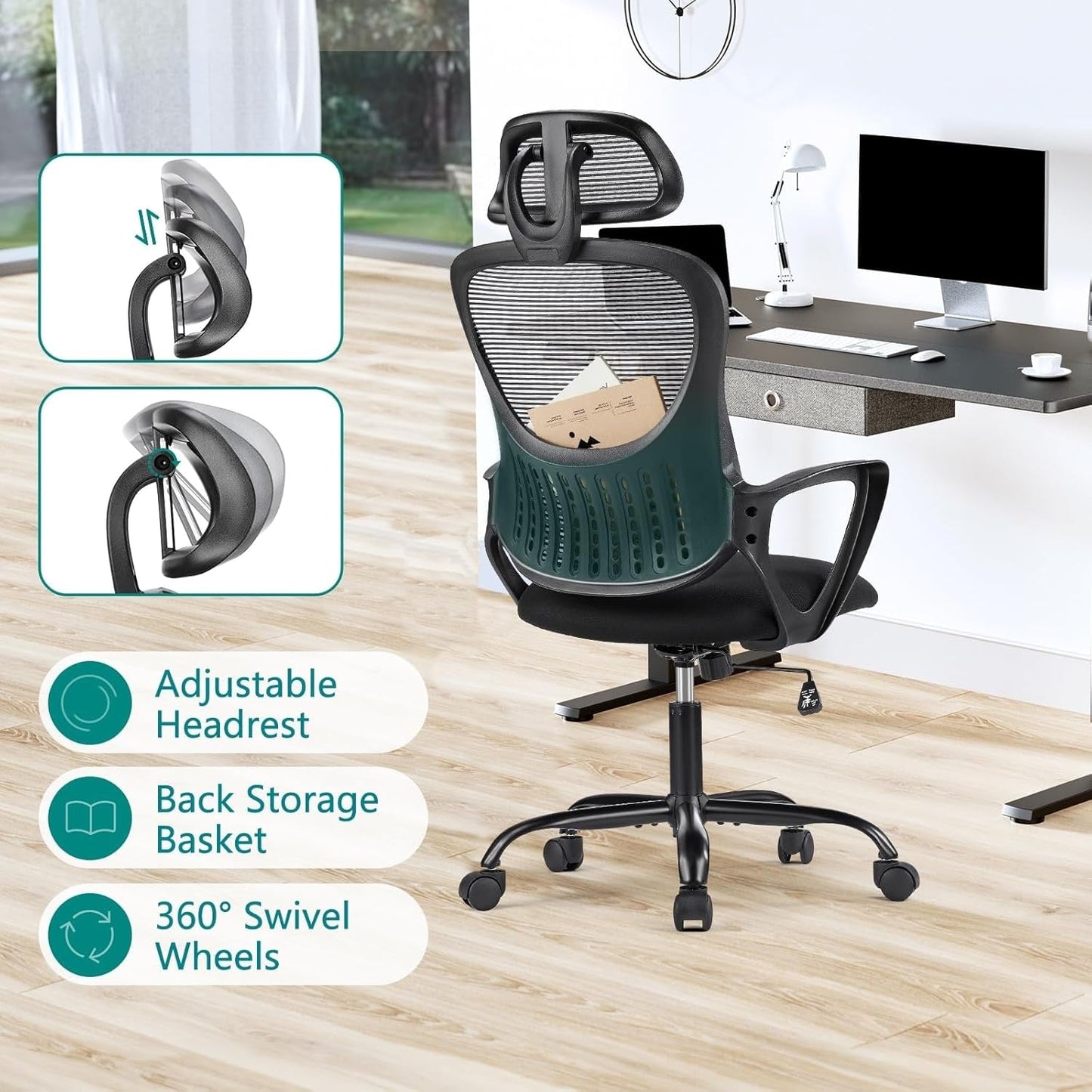 Ergonomic Mesh Office Chair, High Back Desk Chair with Armrests, Lumbar Support, Swivel Computer Task Chair
