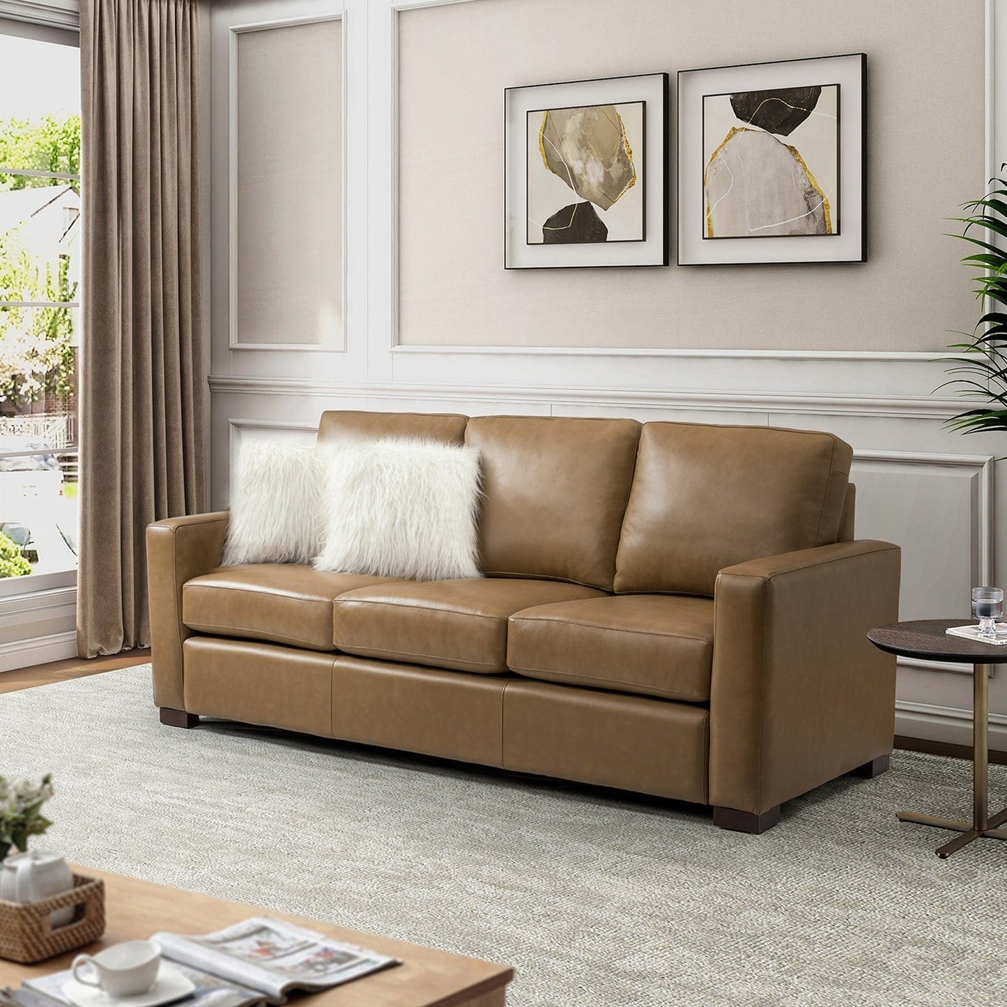 Canapé Ernando 83.46 en cuir véritable avec accoudoirs carrés et coussins