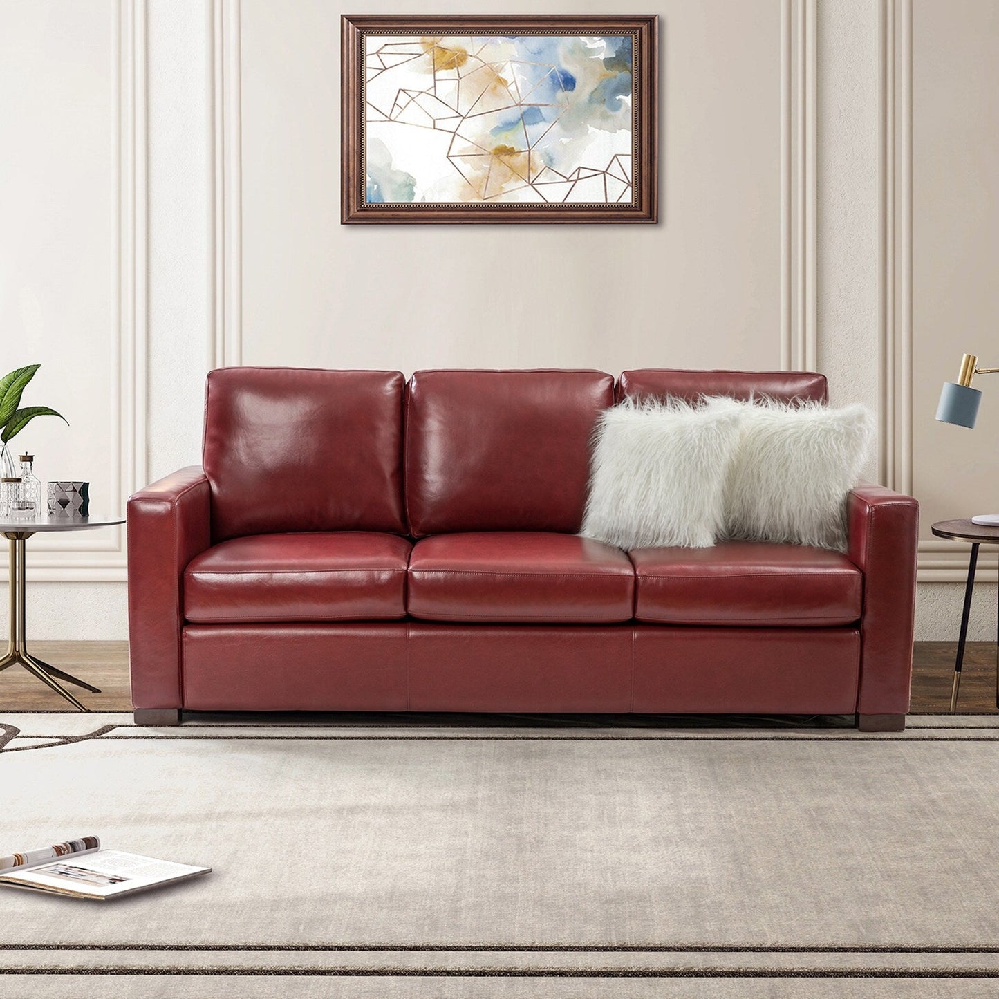 Canapé Ernando 83.46 en cuir véritable avec accoudoirs carrés et coussins