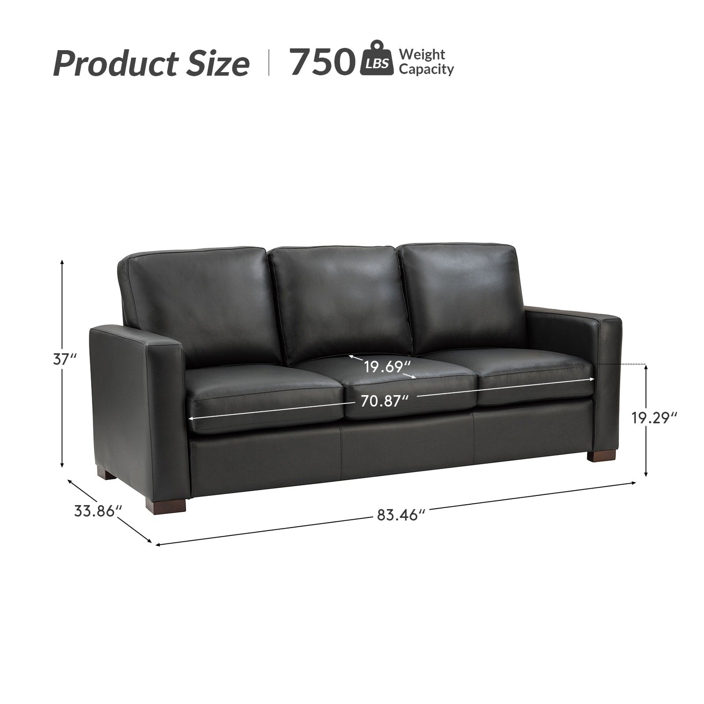 Canapé Ernando 83.46 en cuir véritable avec accoudoirs carrés et coussins