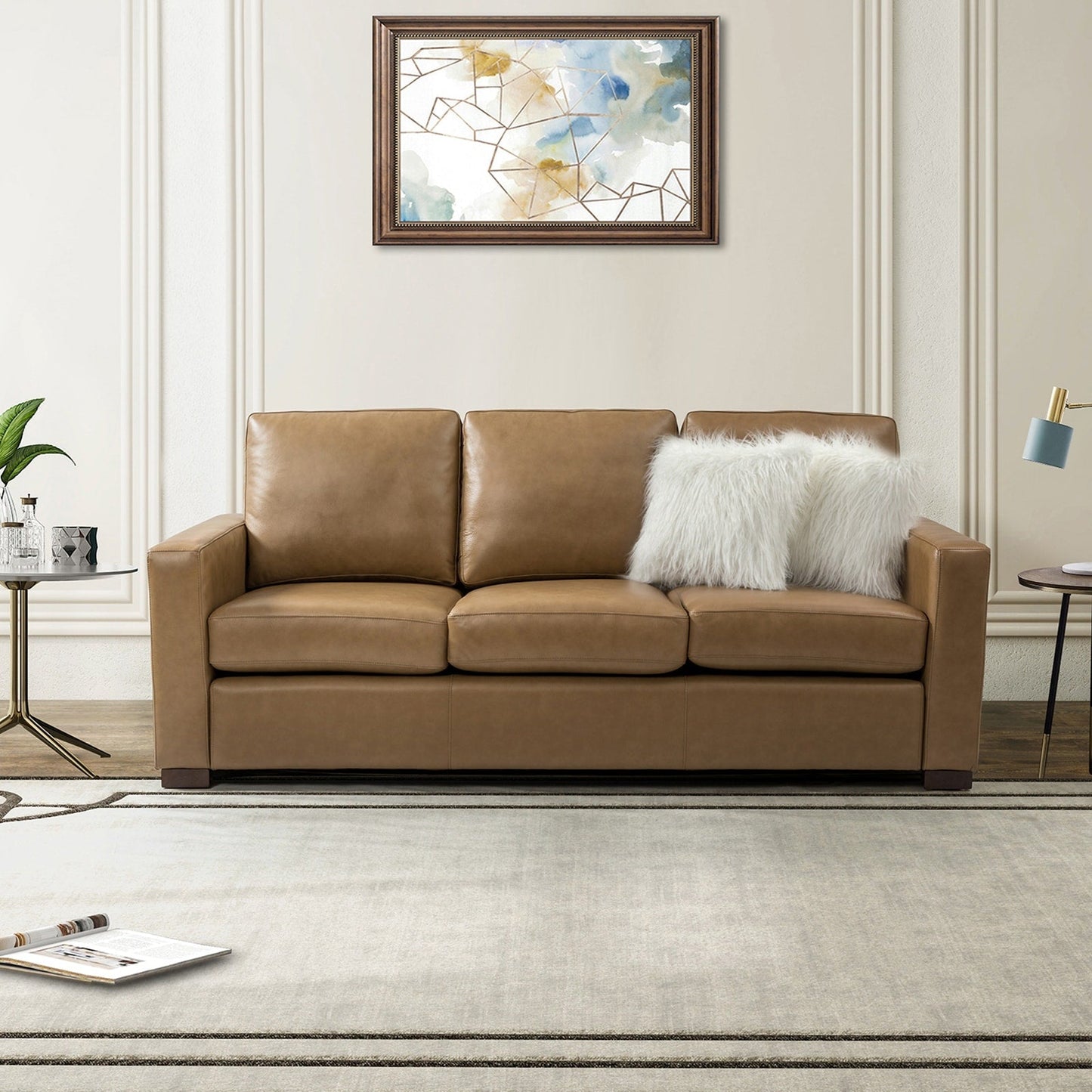 Canapé Ernando 83.46 en cuir véritable avec accoudoirs carrés et coussins