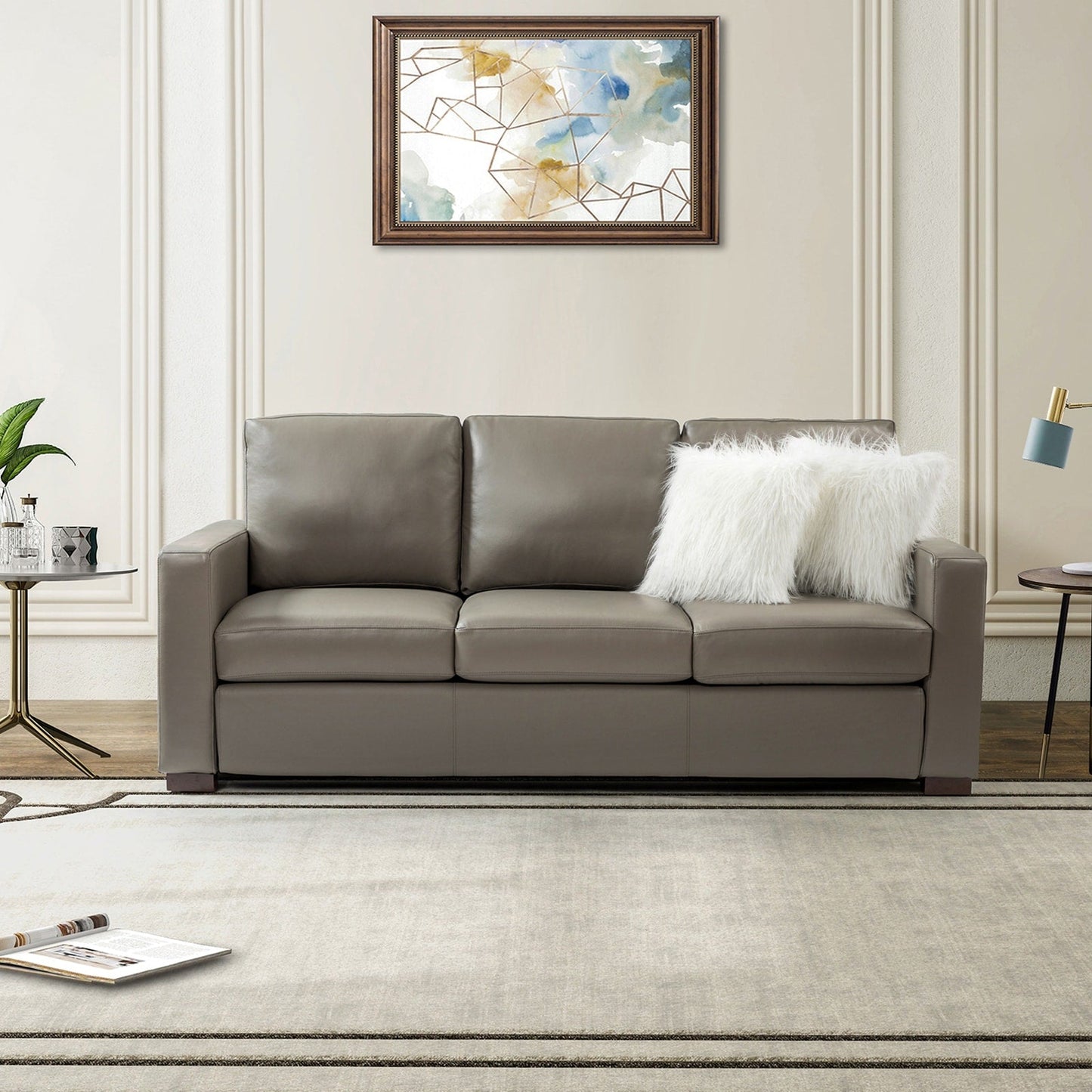 Canapé Ernando 83.46 en cuir véritable avec accoudoirs carrés et coussins