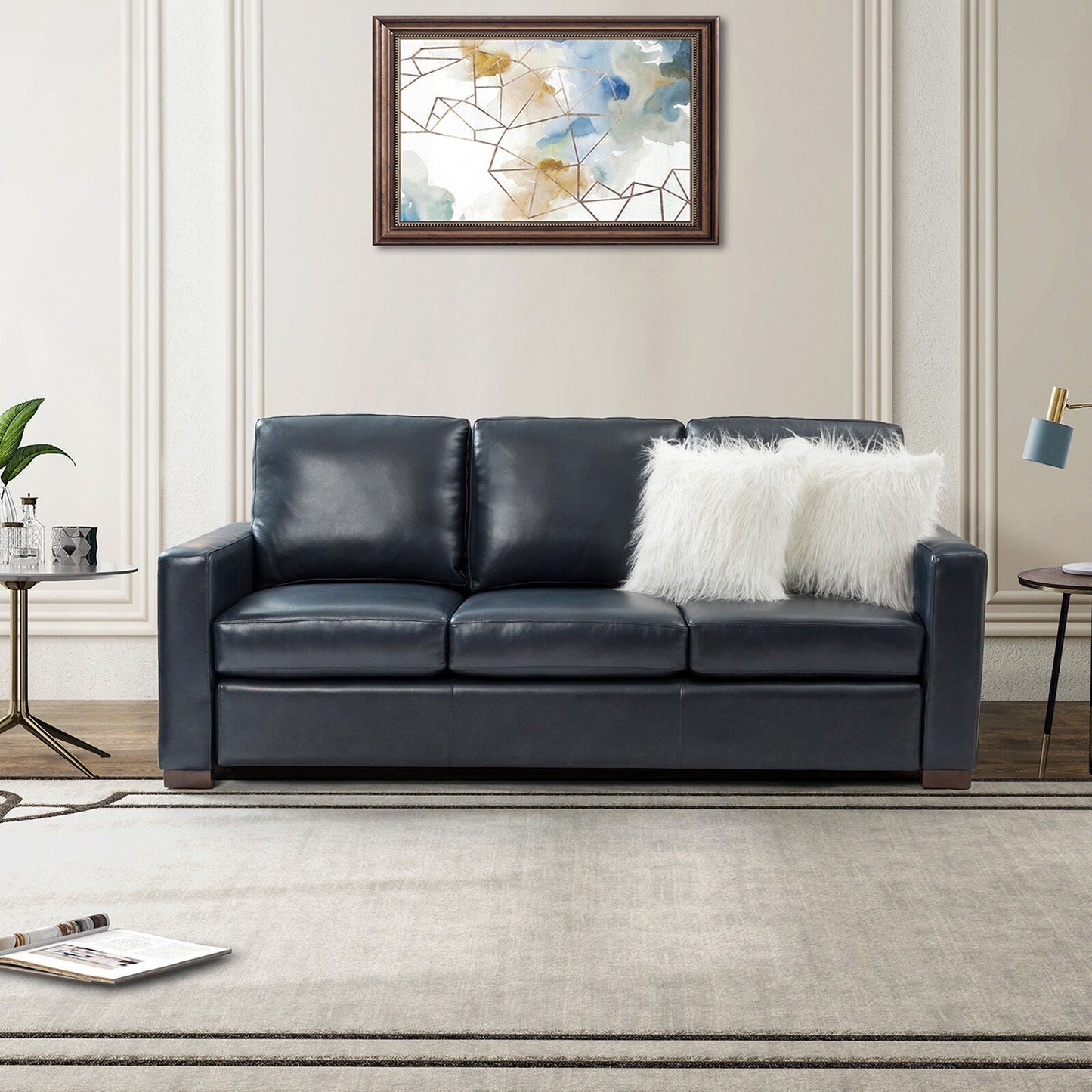 Canapé Ernando 83.46 en cuir véritable avec accoudoirs carrés et coussins