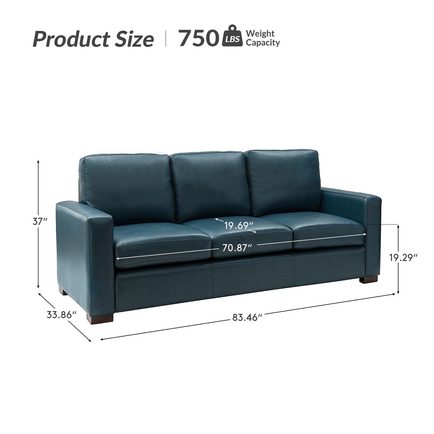 Canapé Ernando 83.46 en cuir véritable avec accoudoirs carrés et coussins