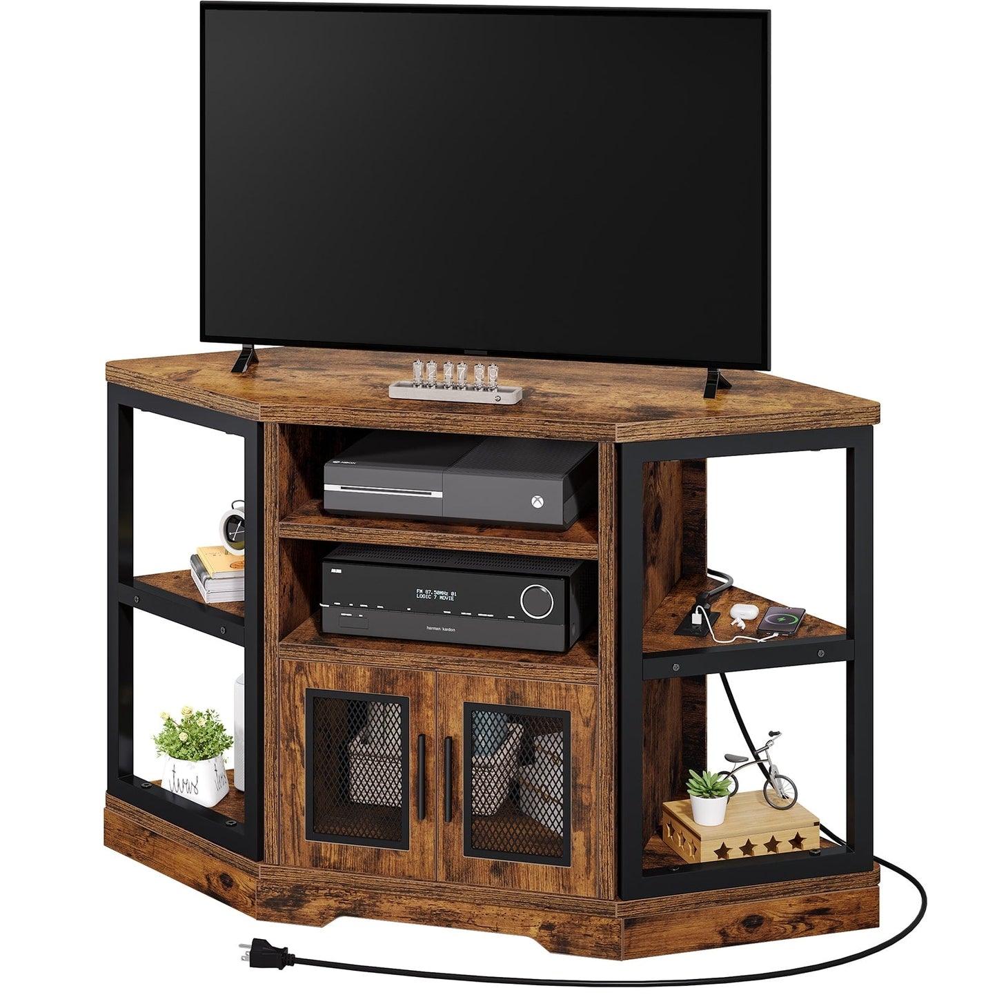 Farmhouse Corner TV Stand Entertainment Center Media Console for TVs up to 55 with Power Outlet