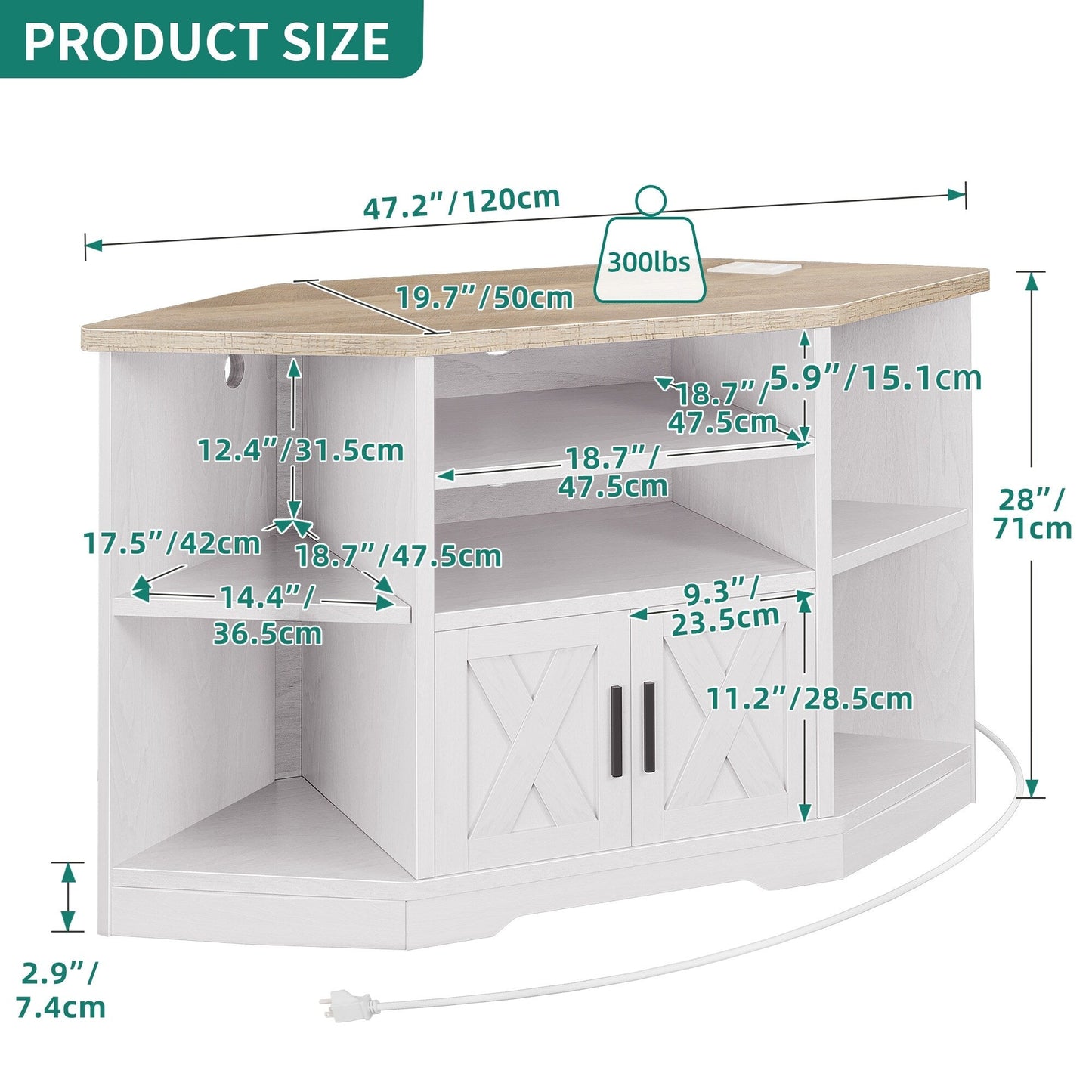 Farmhouse Corner TV Stand Entertainment Center Media Console for TVs up to 55 with Power Outlet