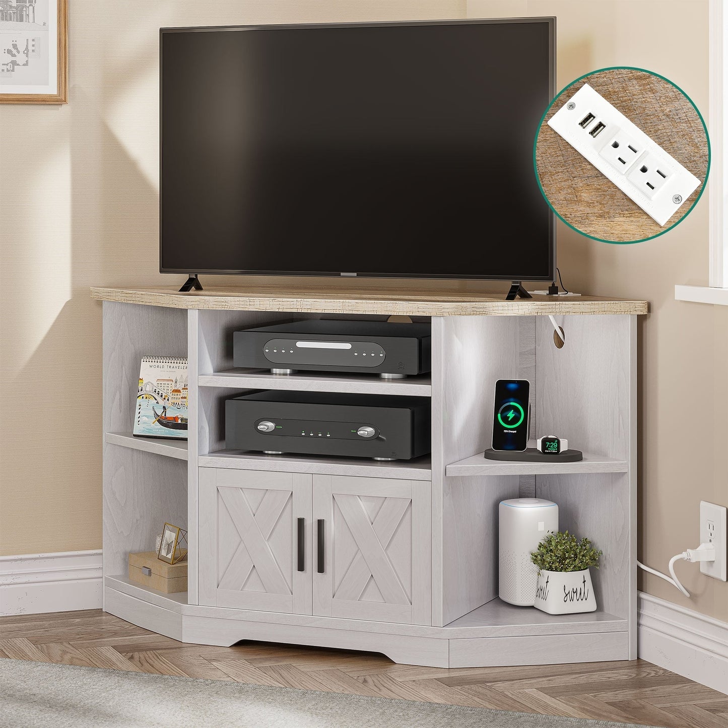 Farmhouse Corner TV Stand Entertainment Center Media Console for TVs up to 55 with Power Outlet