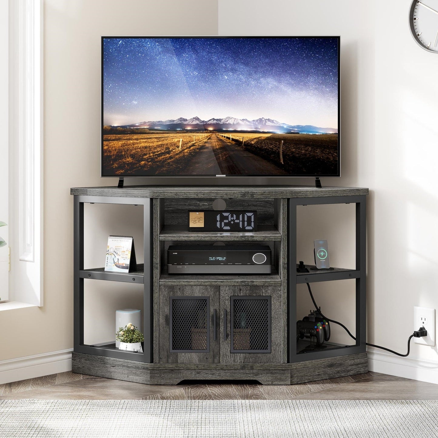 Farmhouse Corner TV Stand Entertainment Center Media Console for TVs up to 55 with Power Outlet