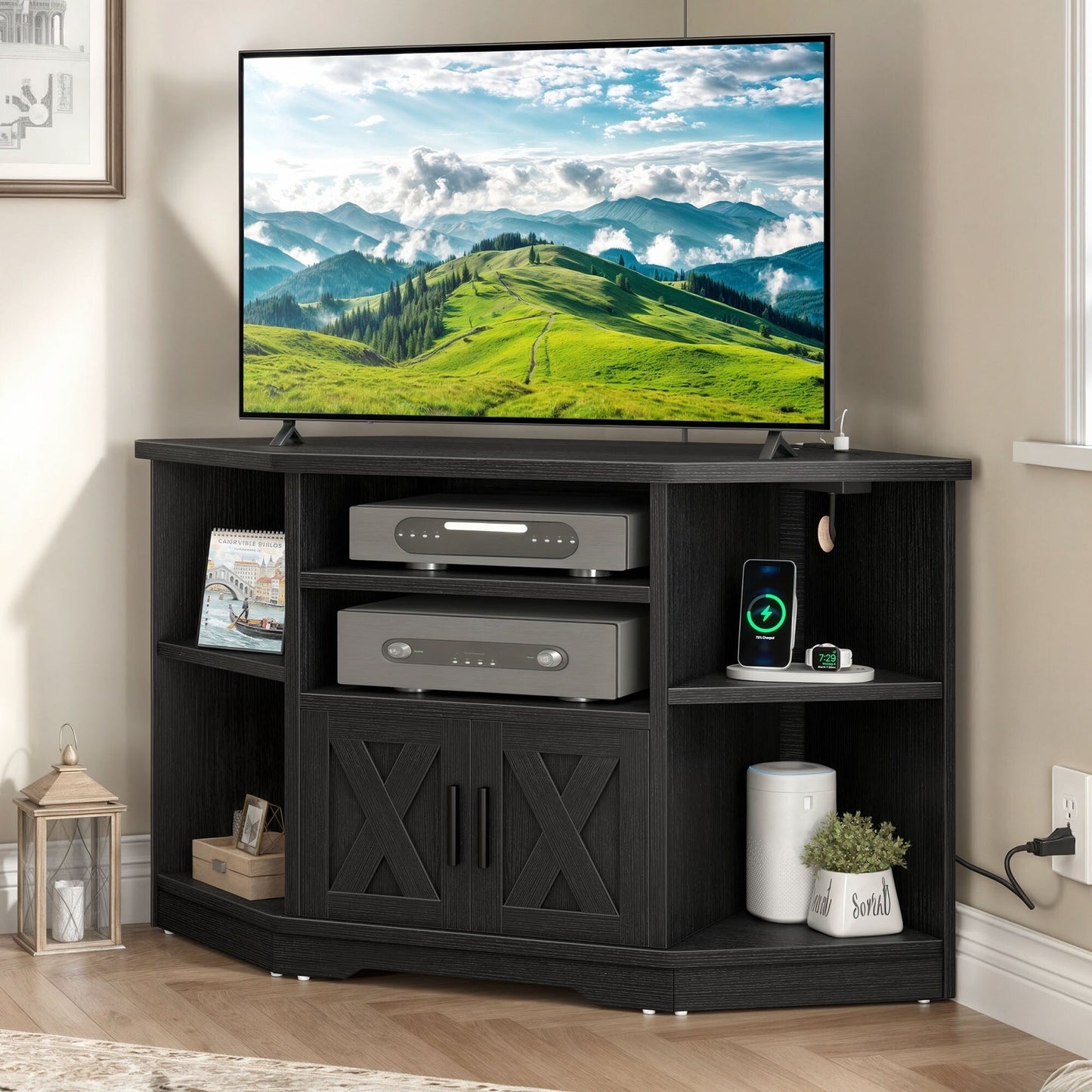 Farmhouse Corner TV Stand Entertainment Center Media Console for TVs up to 55 with Power Outlet