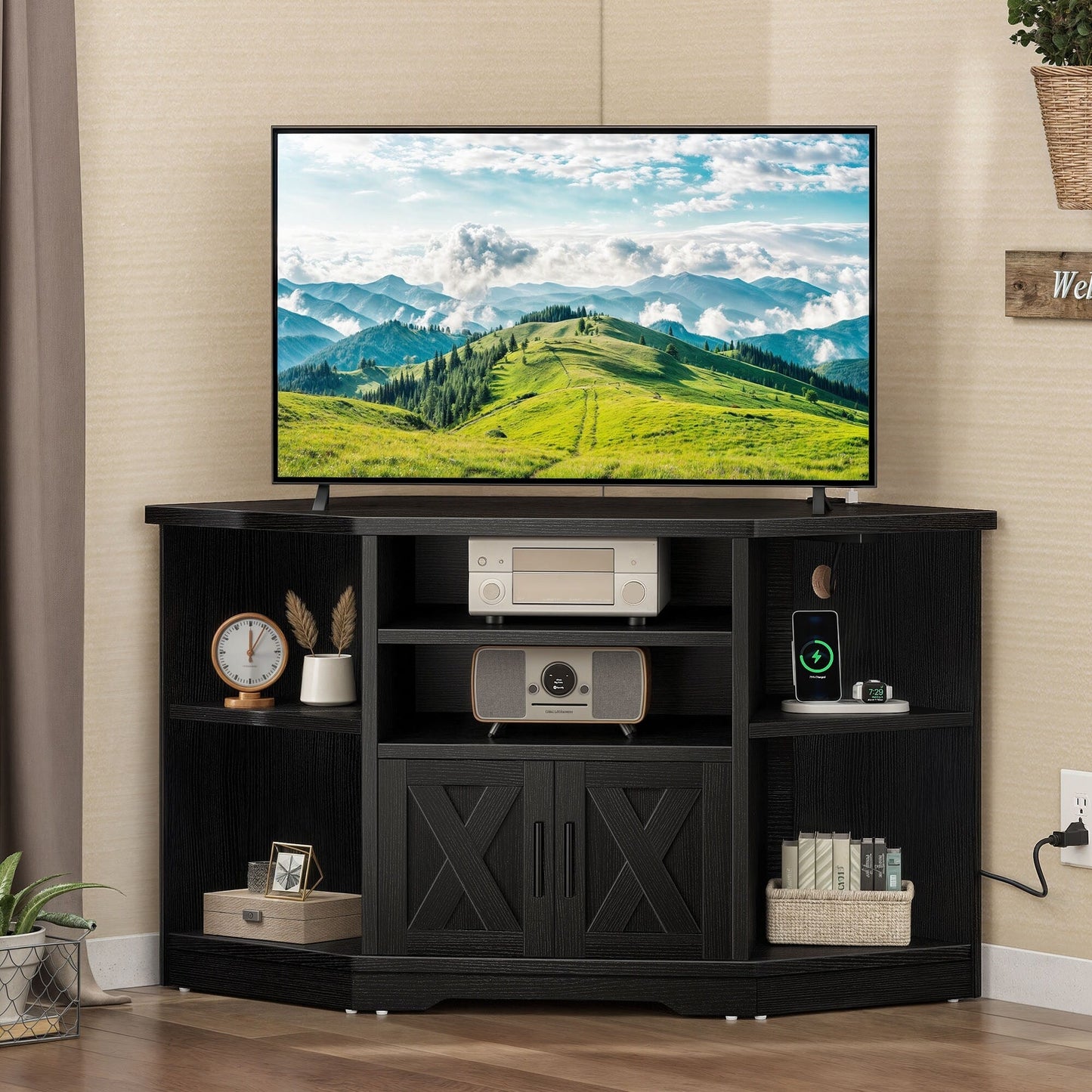 Farmhouse Corner TV Stand Entertainment Center Media Console for TVs up to 55 with Power Outlet