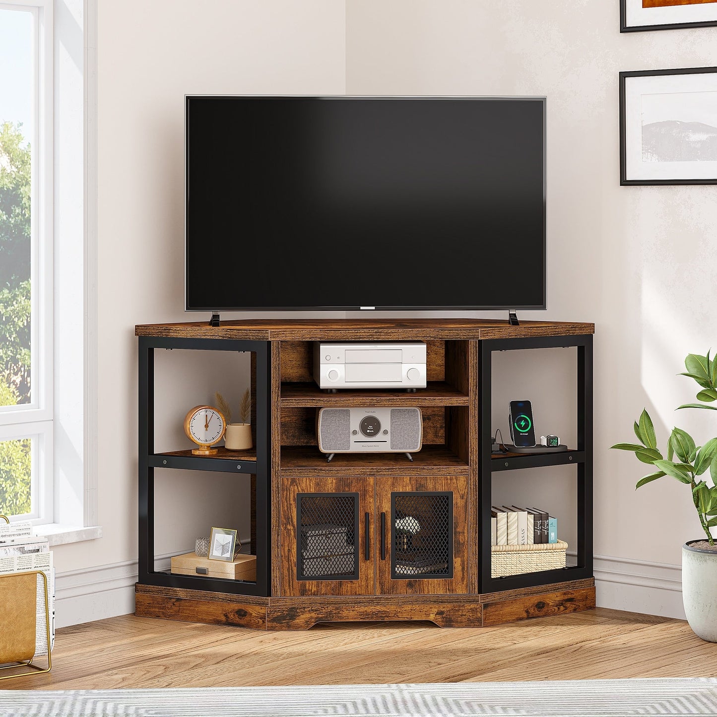Farmhouse Corner TV Stand Entertainment Center Media Console for TVs up to 55 with Power Outlet
