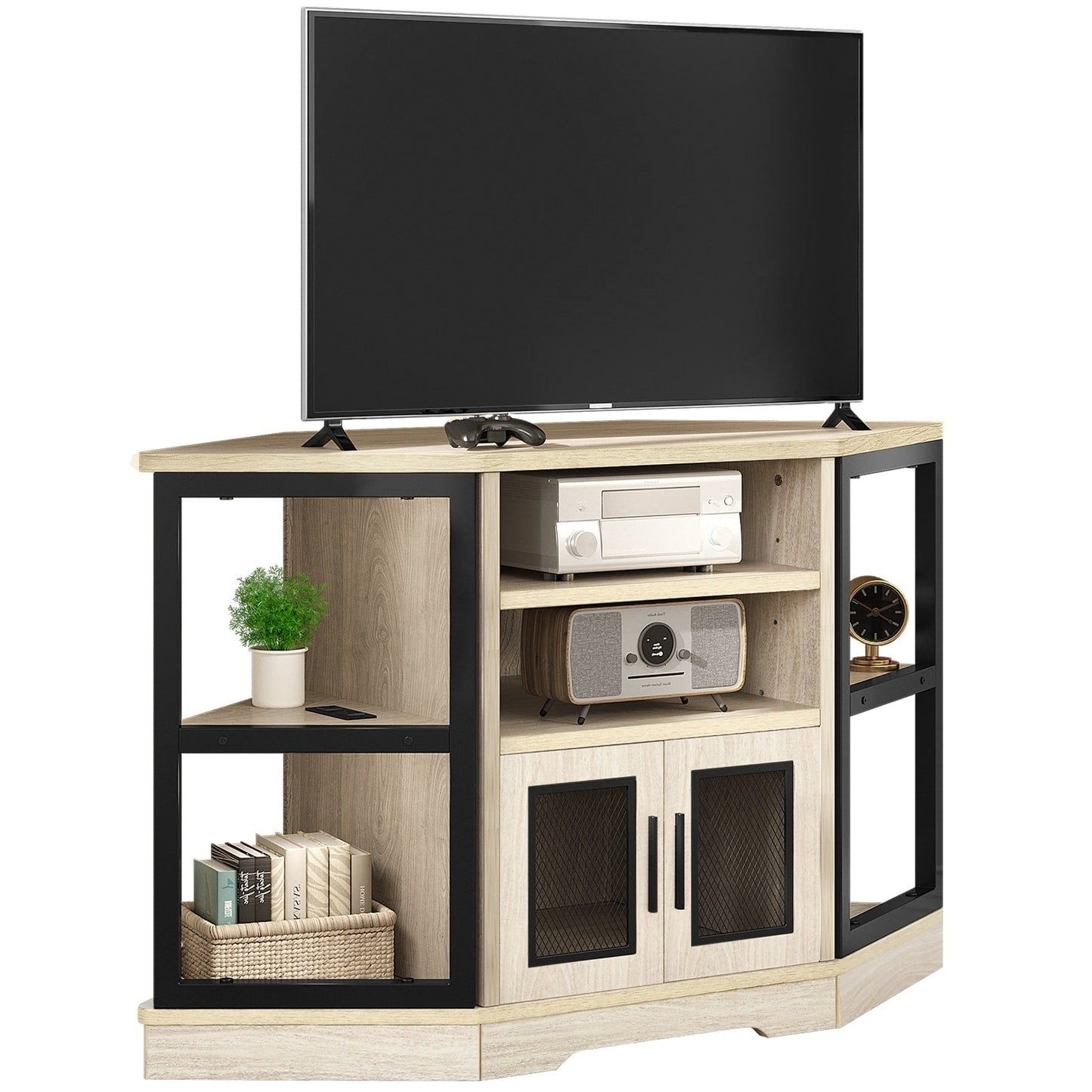 Farmhouse Corner TV Stand Entertainment Center Media Console for TVs up to 55 with Power Outlet