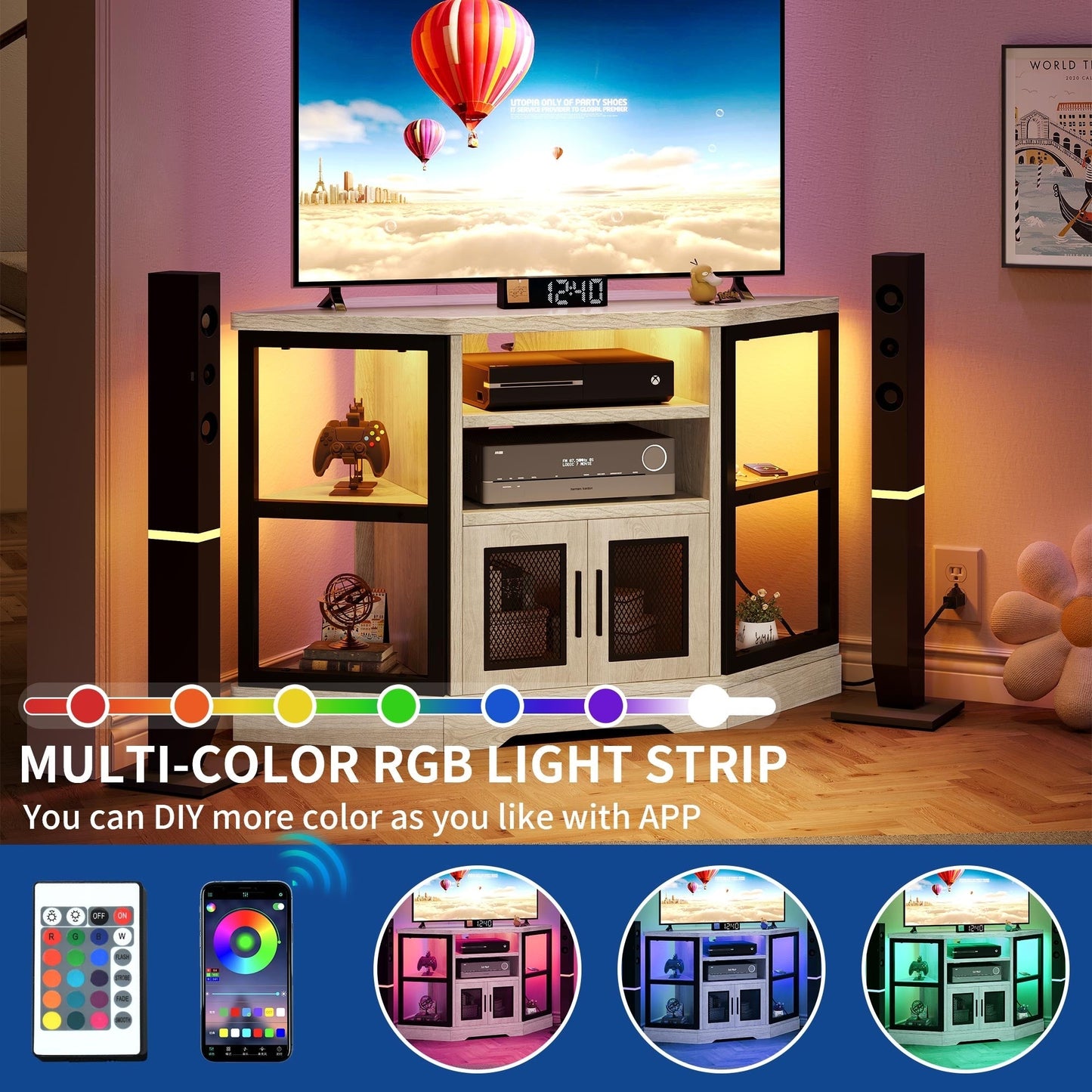 Farmhouse Corner TV Stand Entertainment Center Media Console for TVs up to 55 with Power Outlet