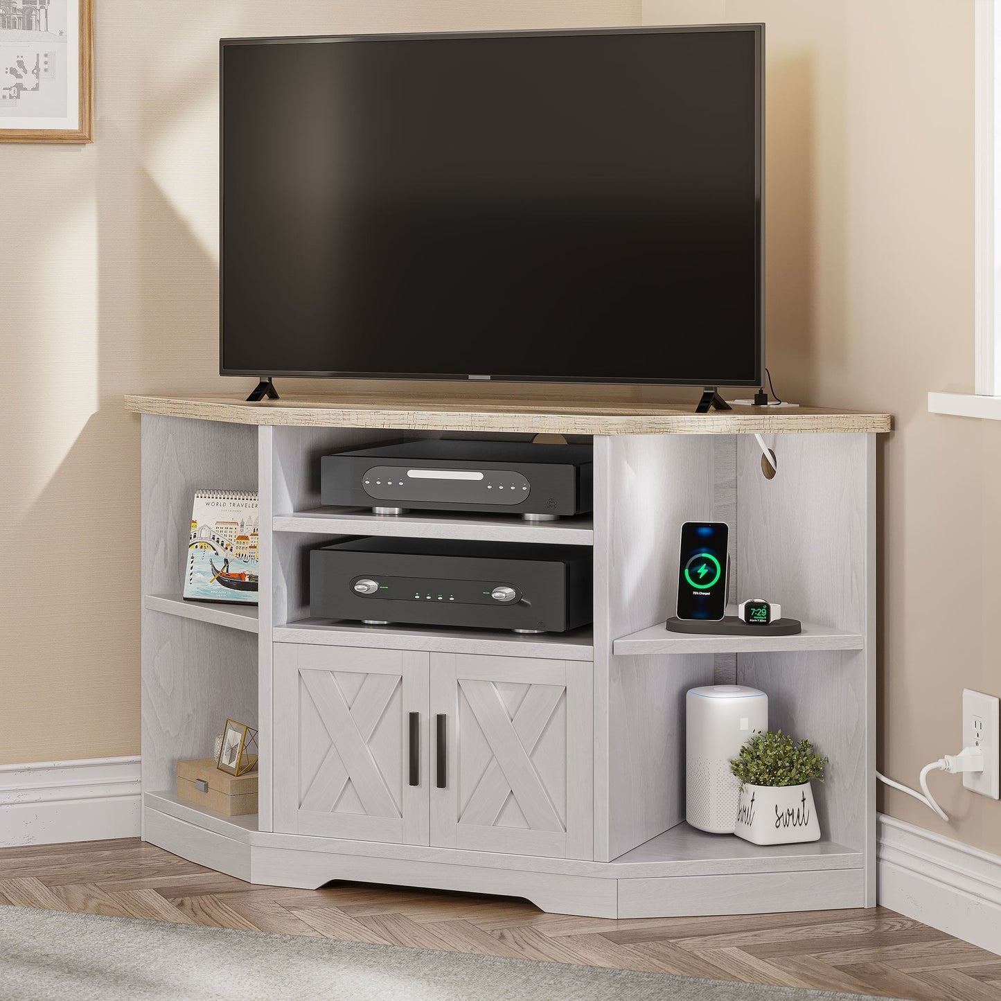 Farmhouse Corner TV Stand Entertainment Center Media Console for TVs up to 55 with Power Outlet