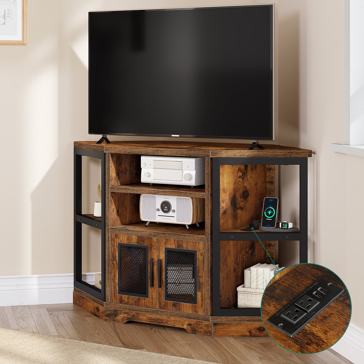 Farmhouse Corner TV Stand Entertainment Center Media Console for TVs up to 55 with Power Outlet