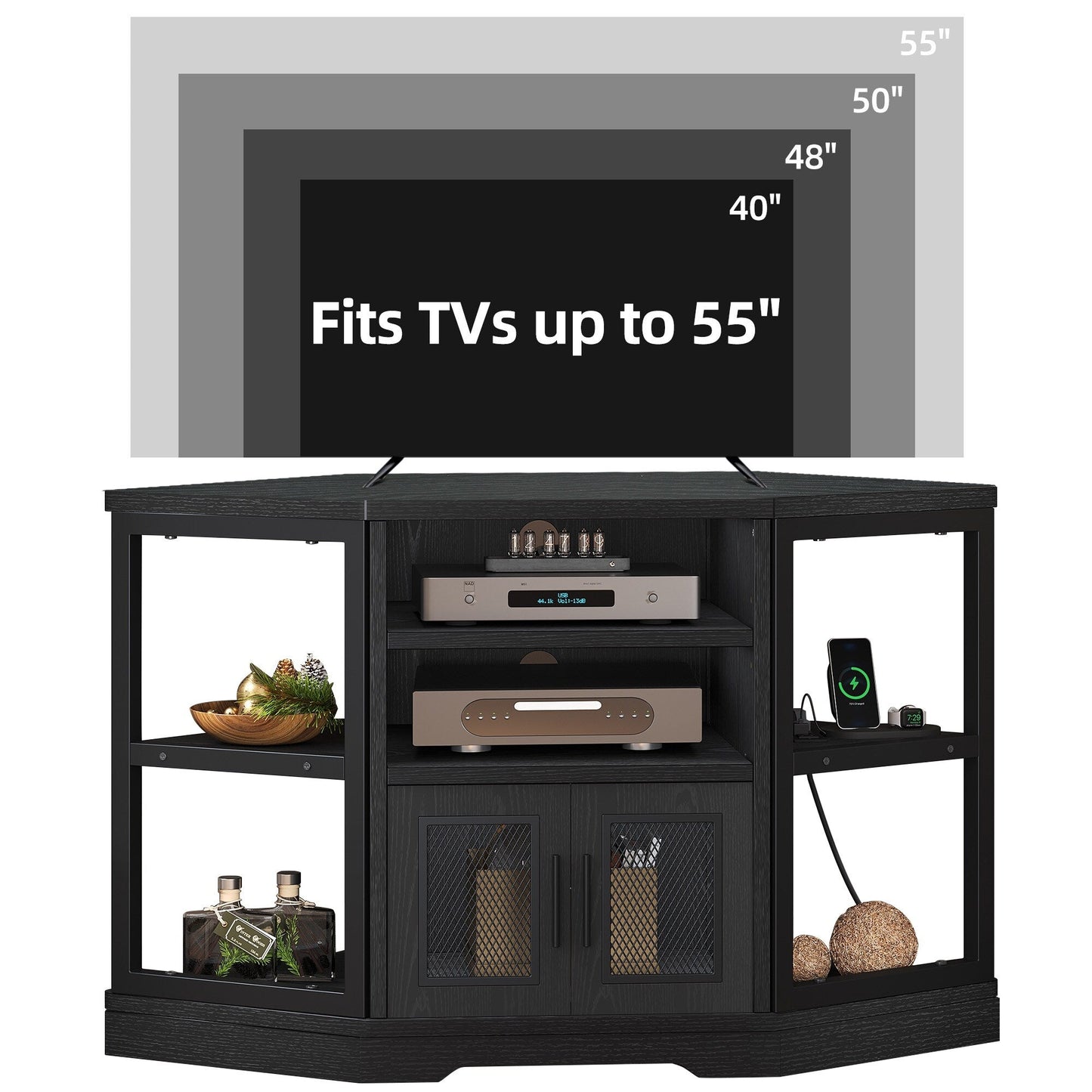Farmhouse Corner TV Stand Entertainment Center Media Console for TVs up to 55 with Power Outlet