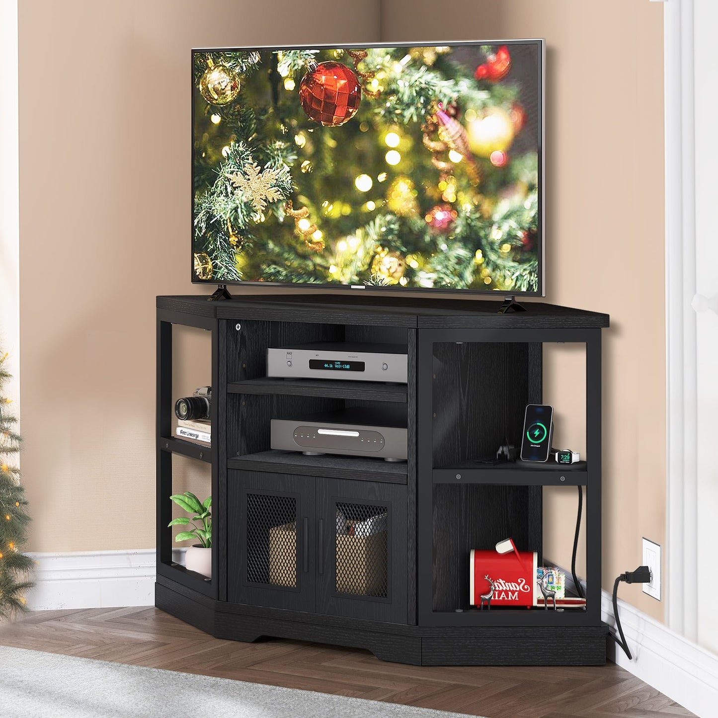 Farmhouse Corner TV Stand Entertainment Center Media Console for TVs up to 55 with Power Outlet