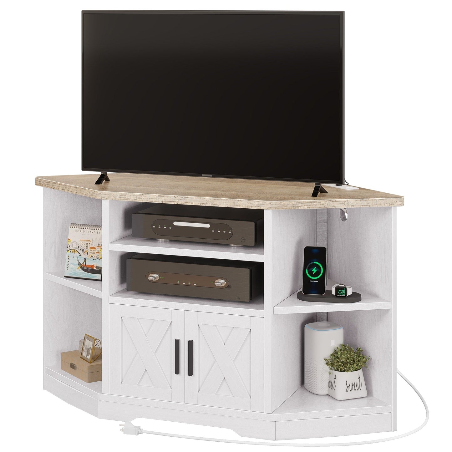 Farmhouse Corner TV Stand Entertainment Center Media Console for TVs up to 55 with Power Outlet