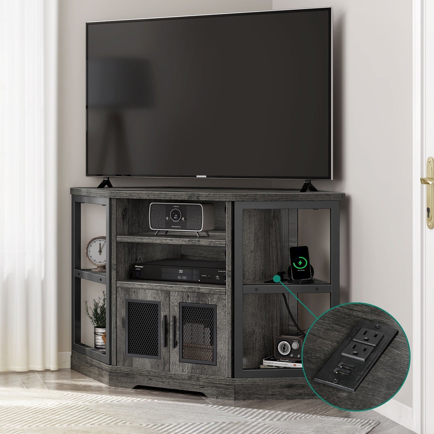 Farmhouse Corner TV Stand Entertainment Center Media Console for TVs up to 55 with Power Outlet
