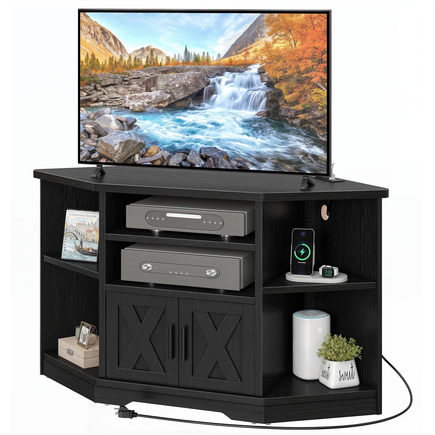 Farmhouse Corner TV Stand Entertainment Center Media Console for TVs up to 55 with Power Outlet