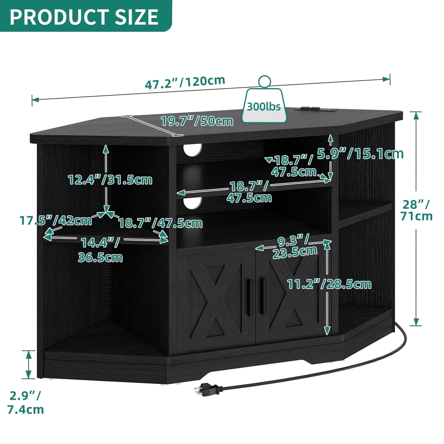 Farmhouse Corner TV Stand Entertainment Center Media Console for TVs up to 55 with Power Outlet