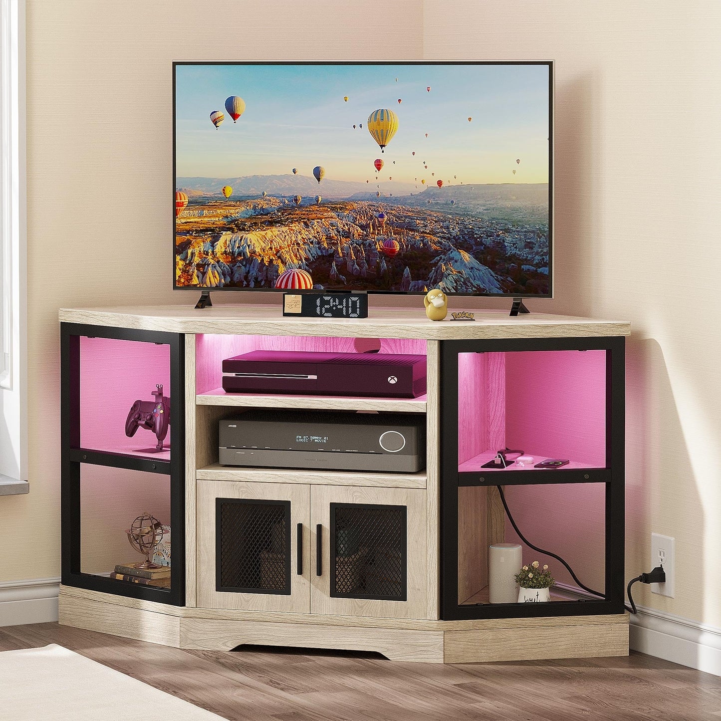 Farmhouse Corner TV Stand Entertainment Center Media Console for TVs up to 55 with Power Outlet