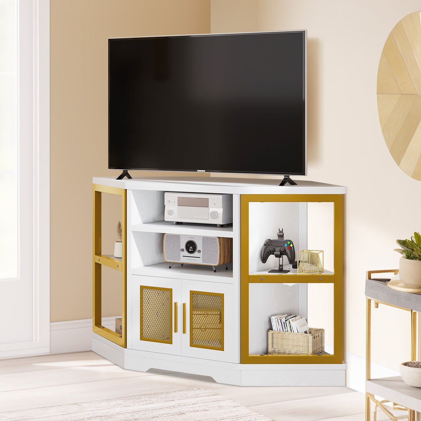 Farmhouse Corner TV Stand Entertainment Center Media Console for TVs up to 55 with Power Outlet