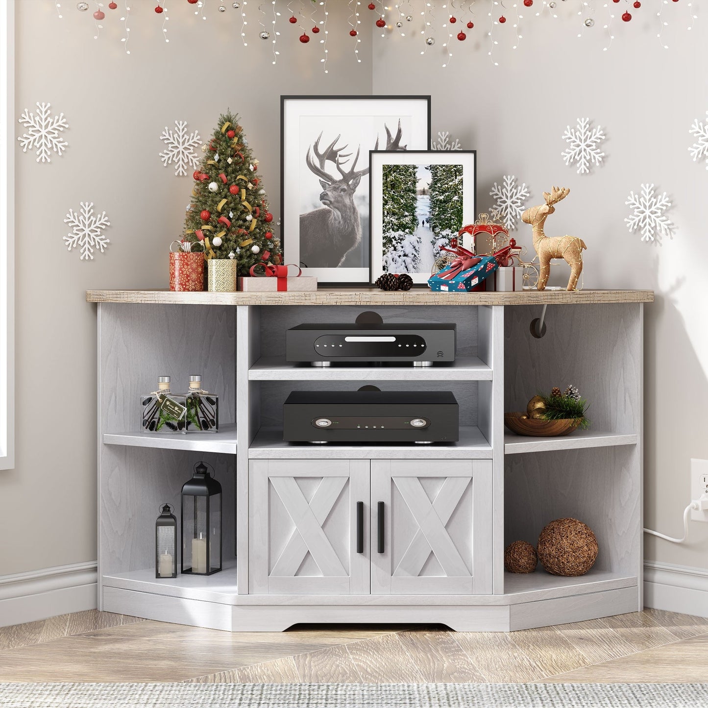Farmhouse Corner TV Stand Entertainment Center Media Console for TVs up to 55 with Power Outlet