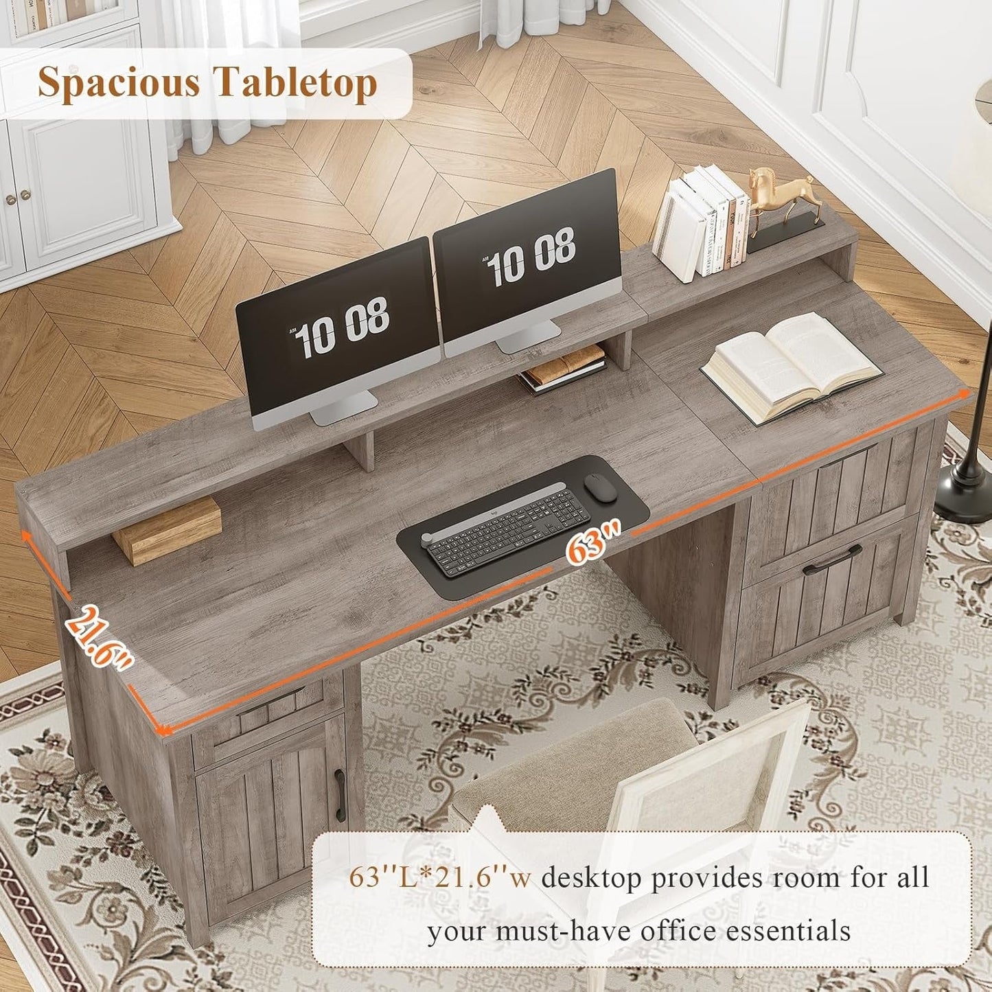 Farmhouse Executive Desk Home Office Desk File Drawer Monitor Stand Power Outlet