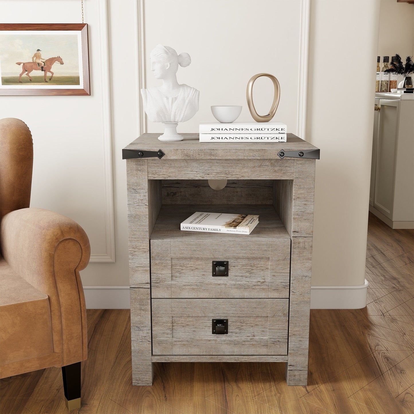 Farmhouse Nightstand with Charging Station, End Table, Side Table