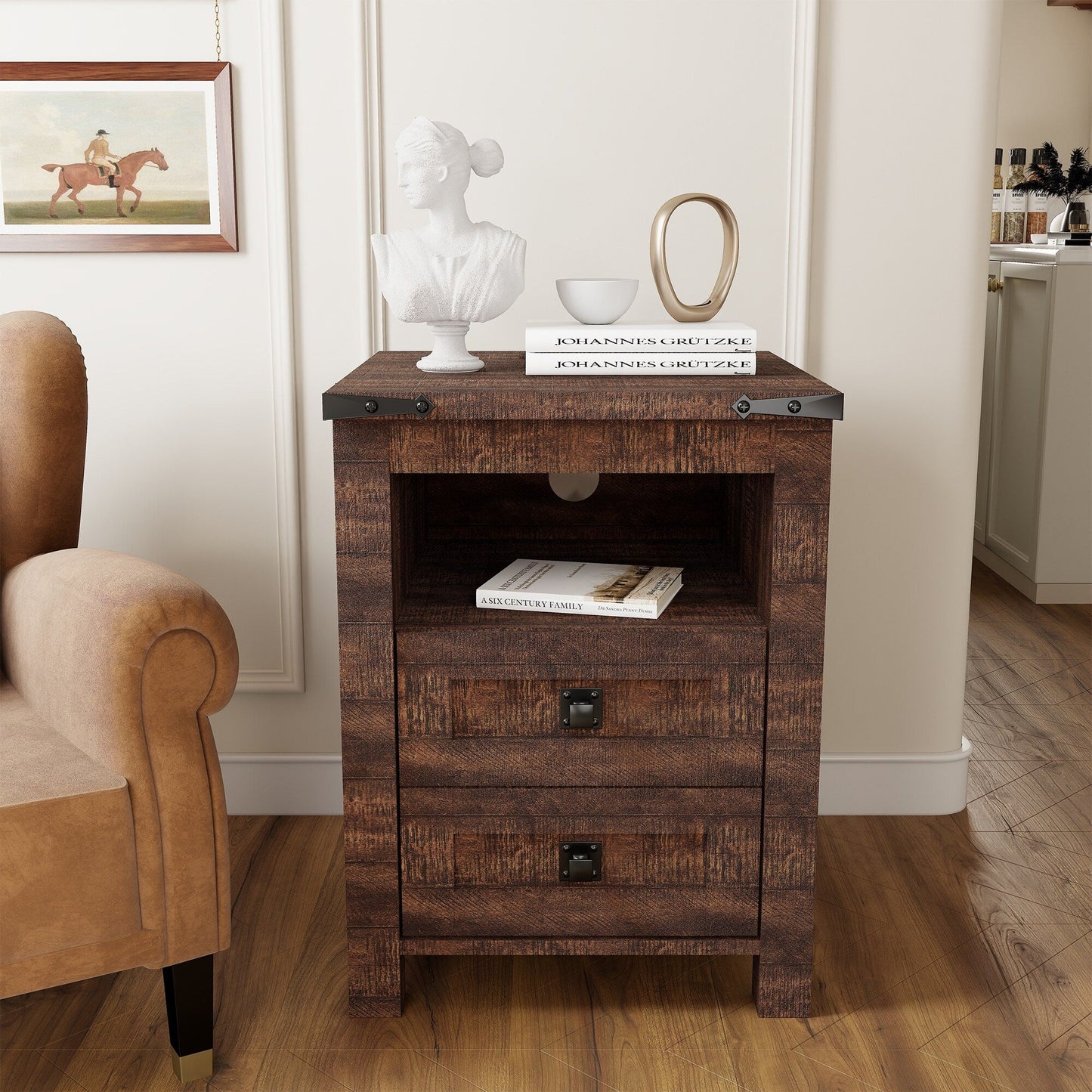 Farmhouse Nightstand with Charging Station, End Table, Side Table